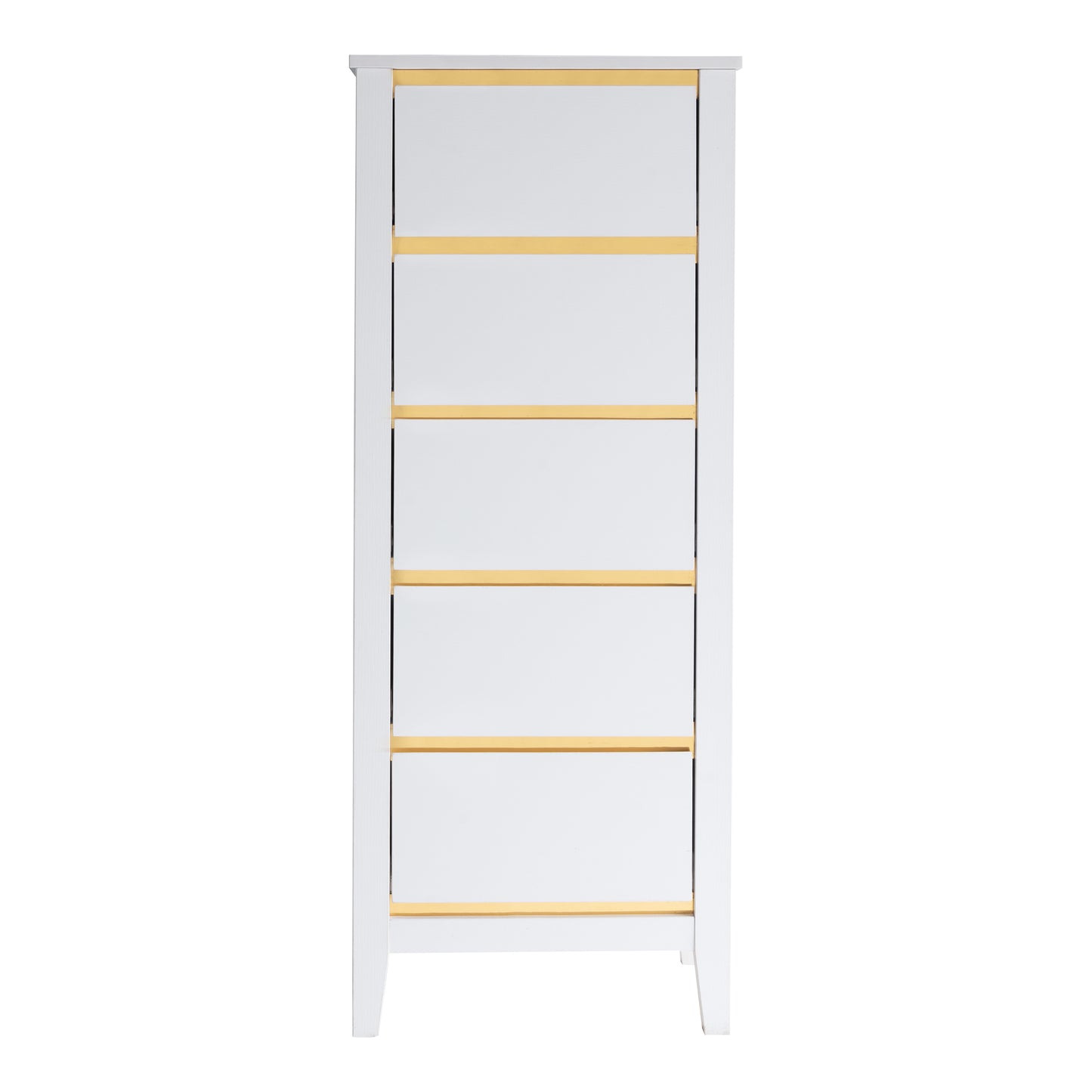 Front-facing modern white and gold five-drawer lingerie chest on a white background