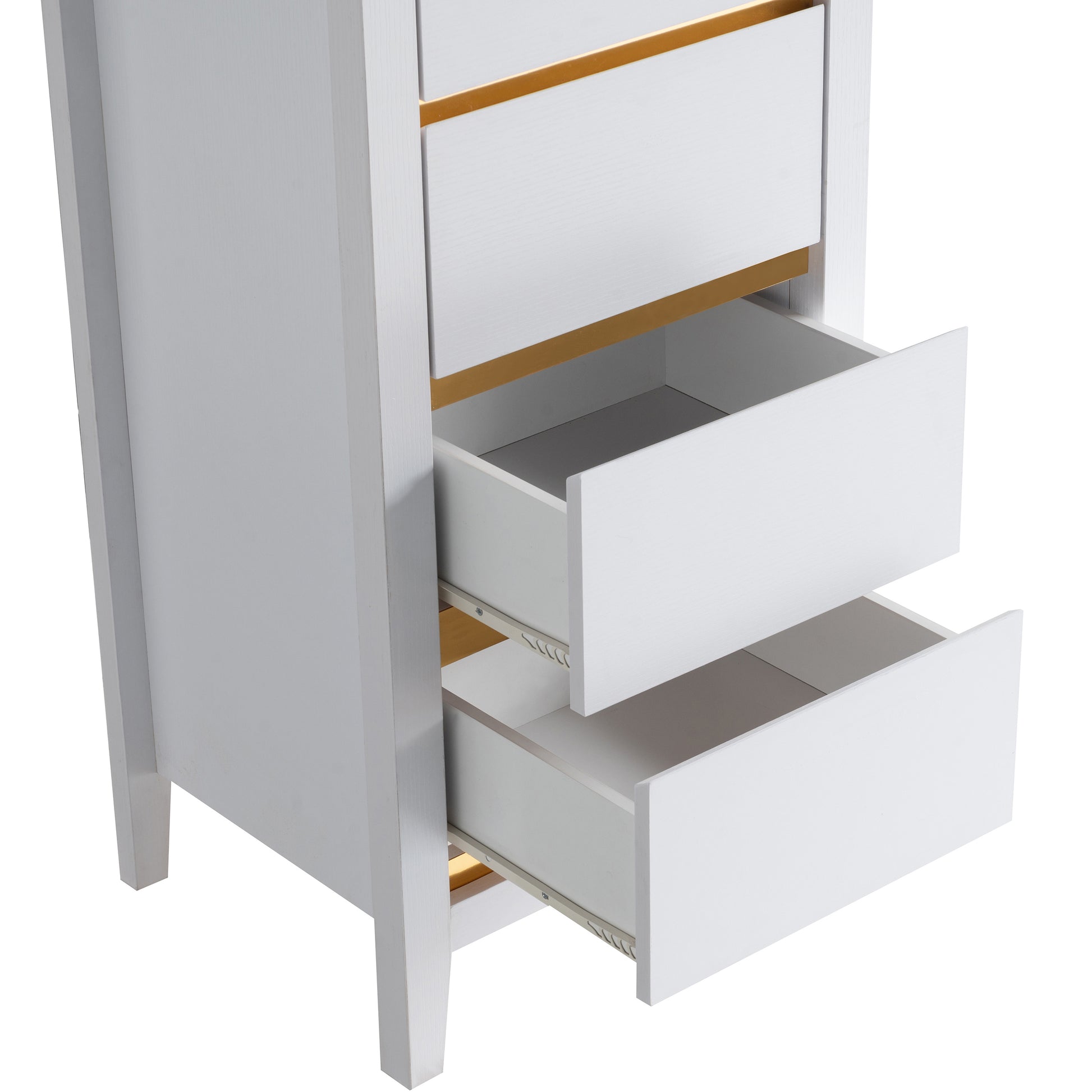 Right angled close-up of a modern white and gold five-drawer lingerie chest with lower two drawers open on a white background