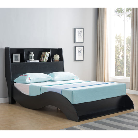 Right angled contemporary cappuccino curvy platform storage bed with a bookcase headboard in a bedroom with accessories