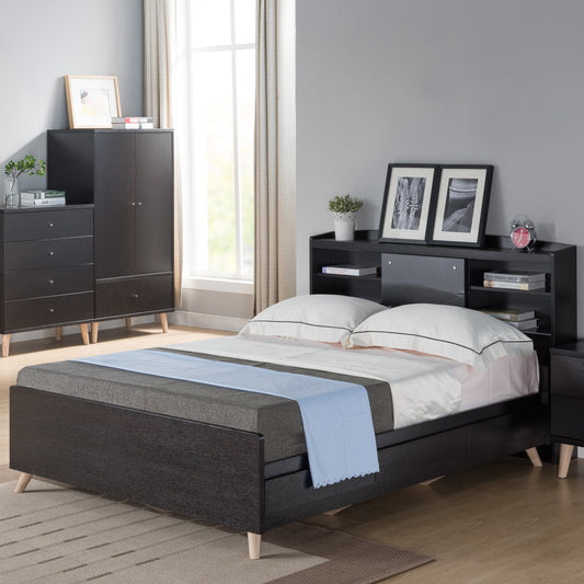 Left angled contemporary cappuccino platform storage bed with a bookcase headboard in a bedroom with accessories