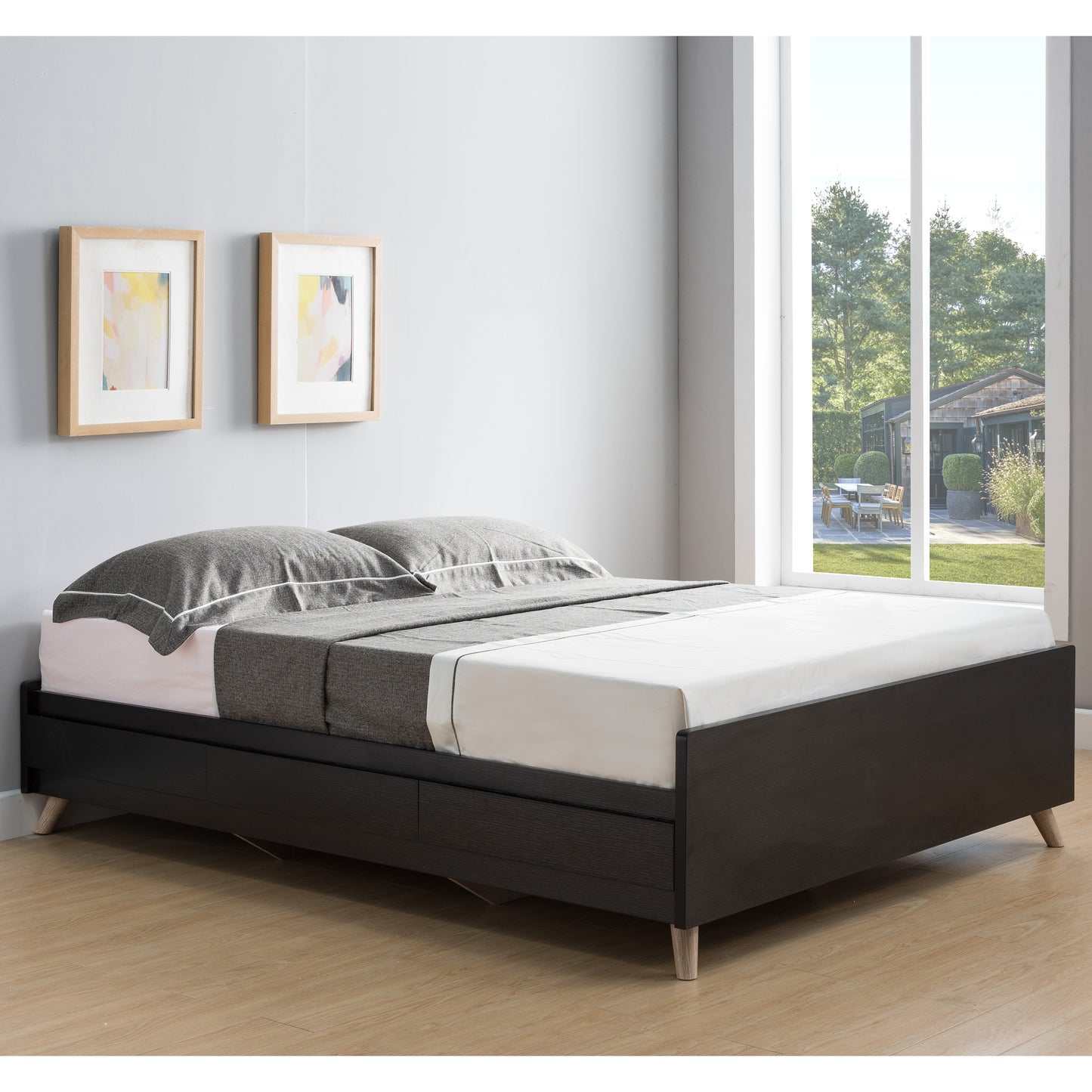 Right angled platform bed only contemporary cappuccino platform storage bed (with a bookcase headboard not shown) in a bedroom with accessories