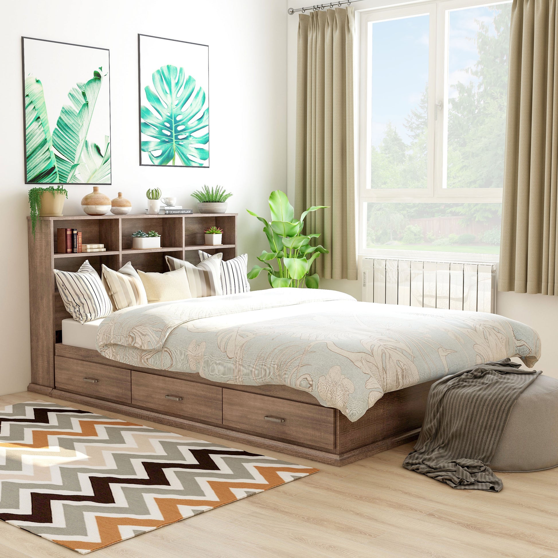 Right angled contemporary walnut three-drawer platform storage bed with a bookcase headboard in a bedroom with accessories