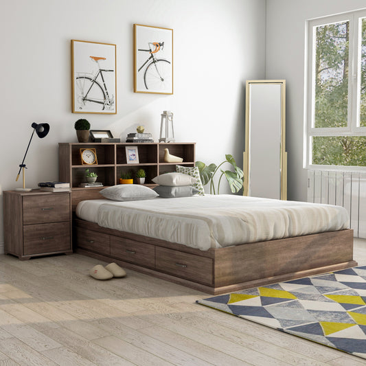 Right angled two-piece contemporary walnut multi-storage bedroom set with a nightstand in a bedroom with accessories