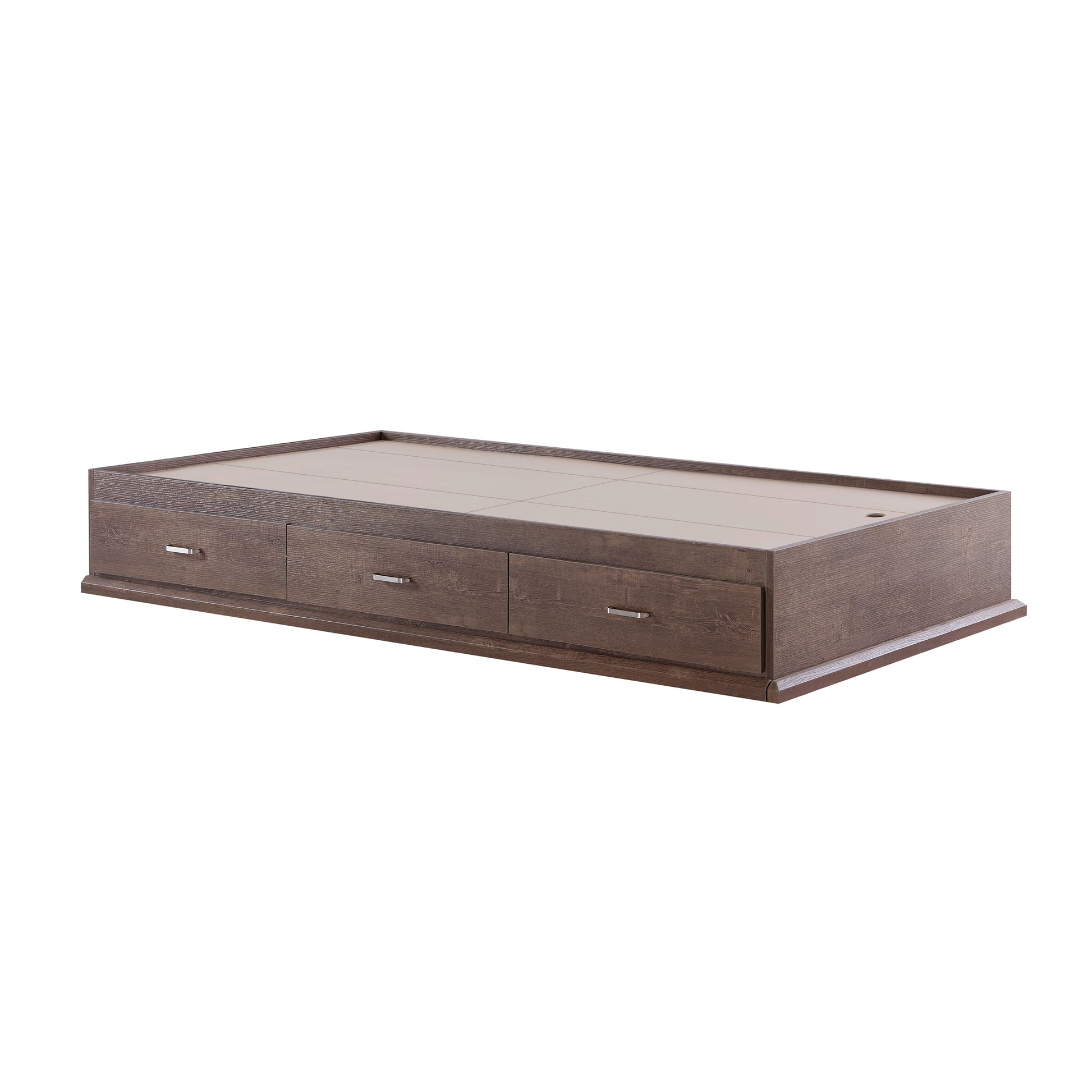 Left angled bed base only from a two-piece contemporary walnut multi-storage bedroom set with a nightstand on a white background