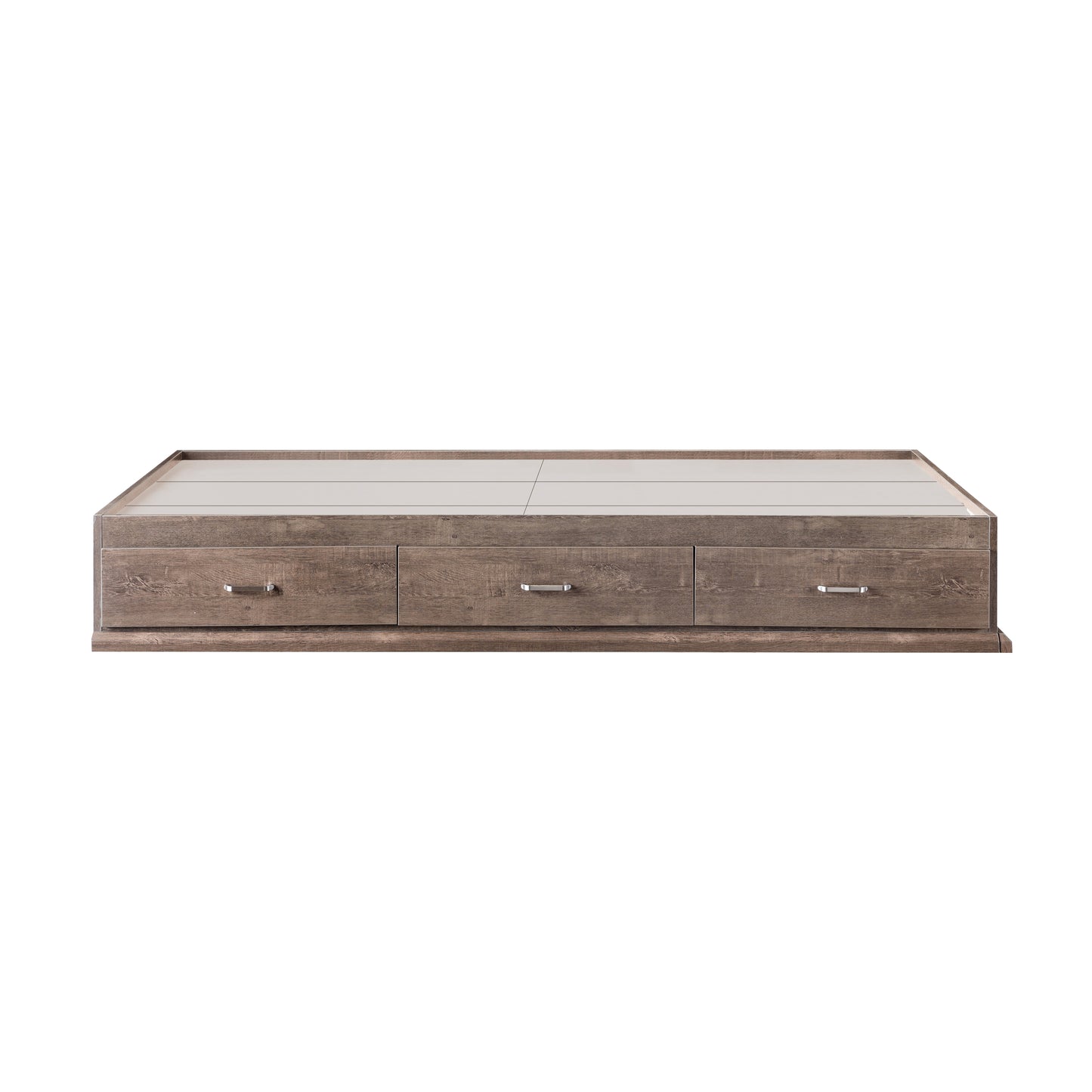 Front-facing side view of the bed base only from a two-piece contemporary walnut multi-storage bedroom set with a nightstand on a white background