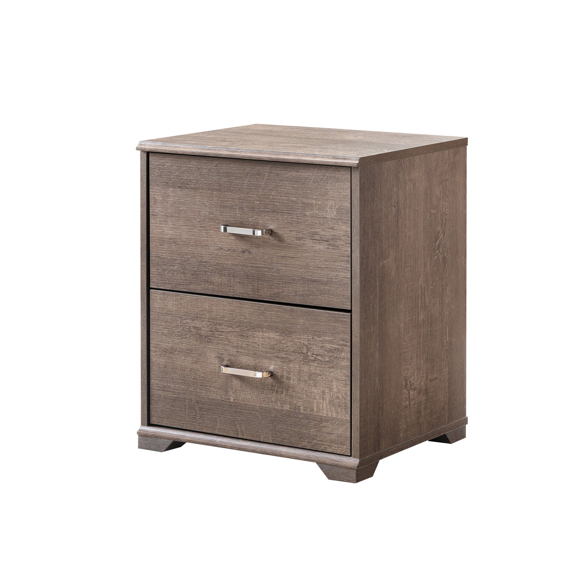 Left angled nightstand only from a two-piece contemporary walnut multi-storage bedroom set with a nightstand on a white background