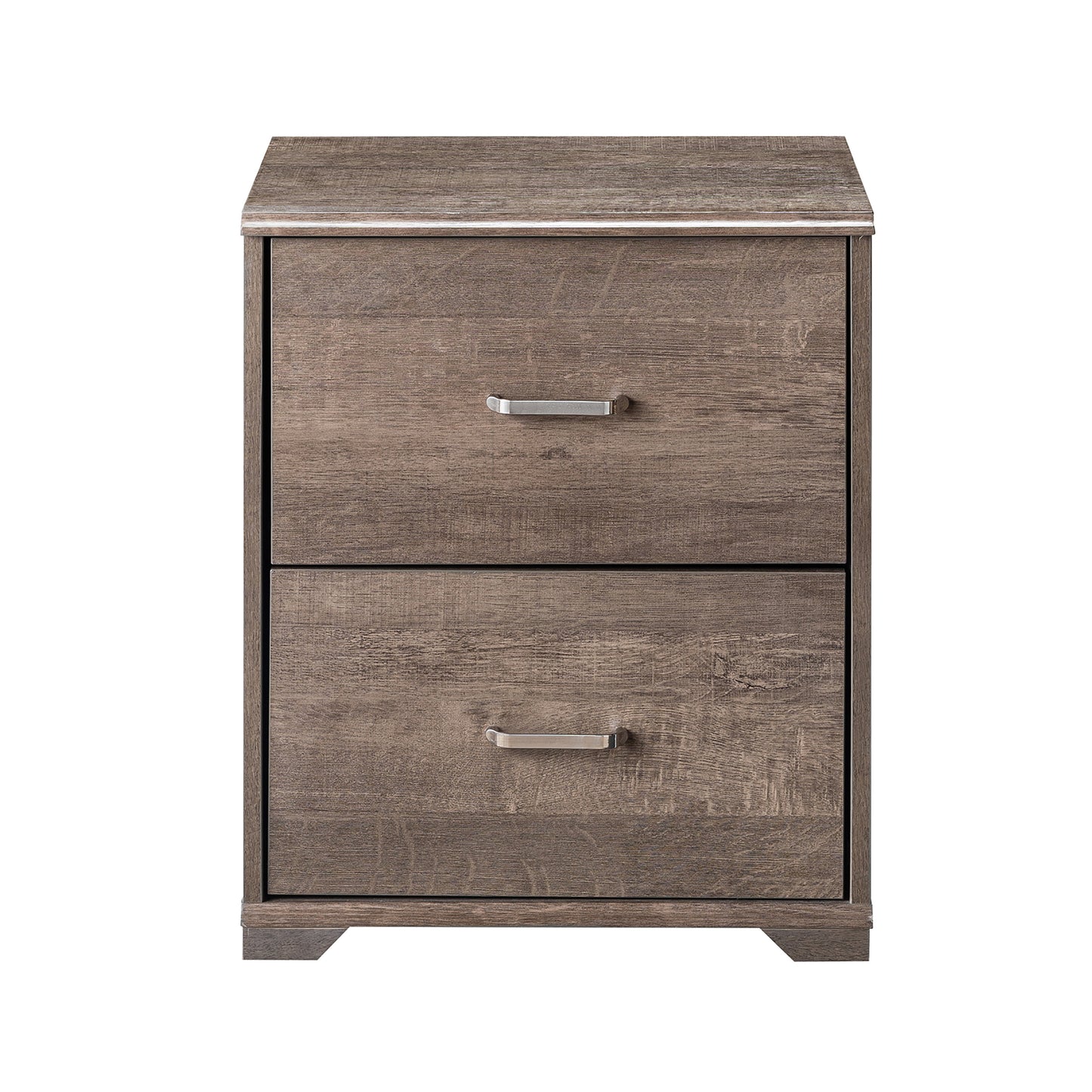 Front-facing nightstand only from a two-piece contemporary walnut multi-storage bedroom set with a nightstand on a white background