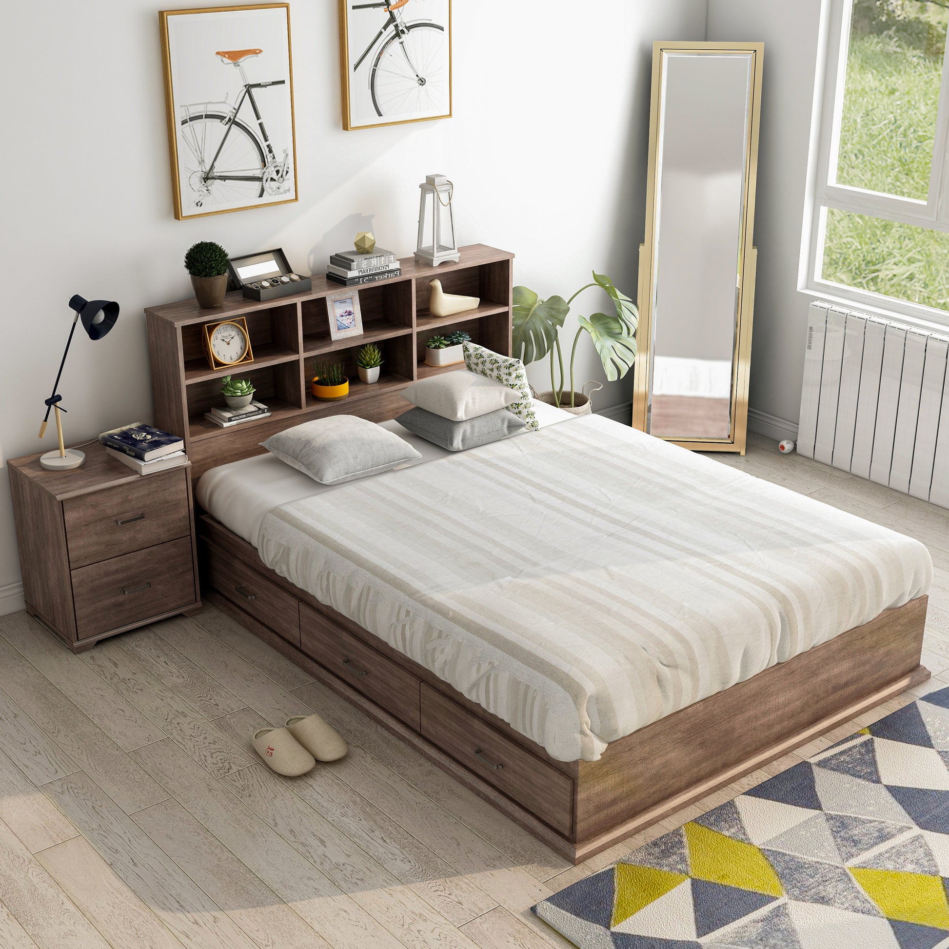 Right angled bird's eye view of a two-piece contemporary walnut multi-storage bedroom set with a nightstand in a bedroom with accessories