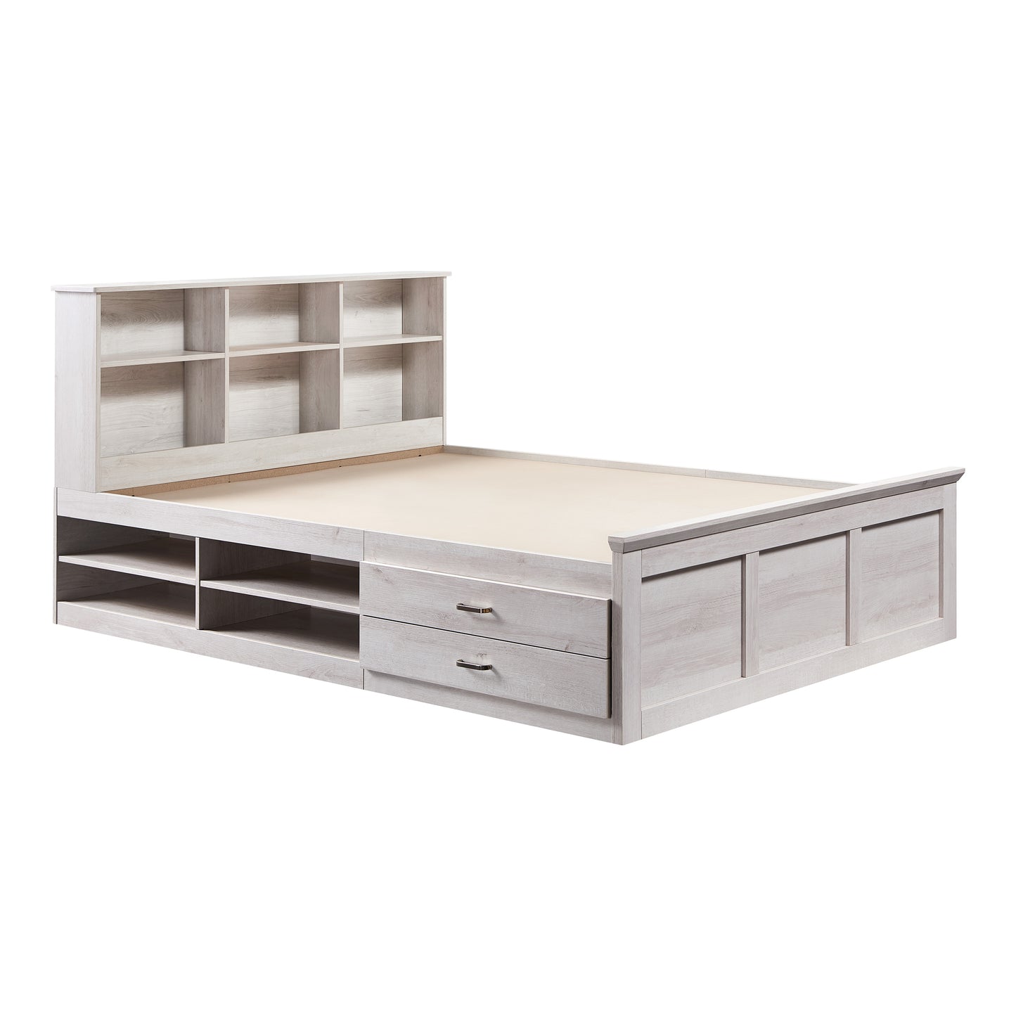 Right angled transitional white two-drawer four-shelf storage bed shown with optional bookcase headboard on a white background
