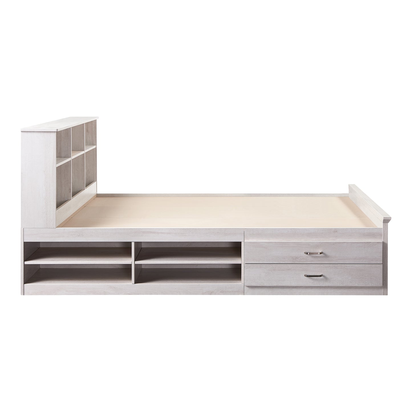 Front-facing side view of a transitional white two-drawer four-shelf storage bed shown with optional bookcase headboard on a white background