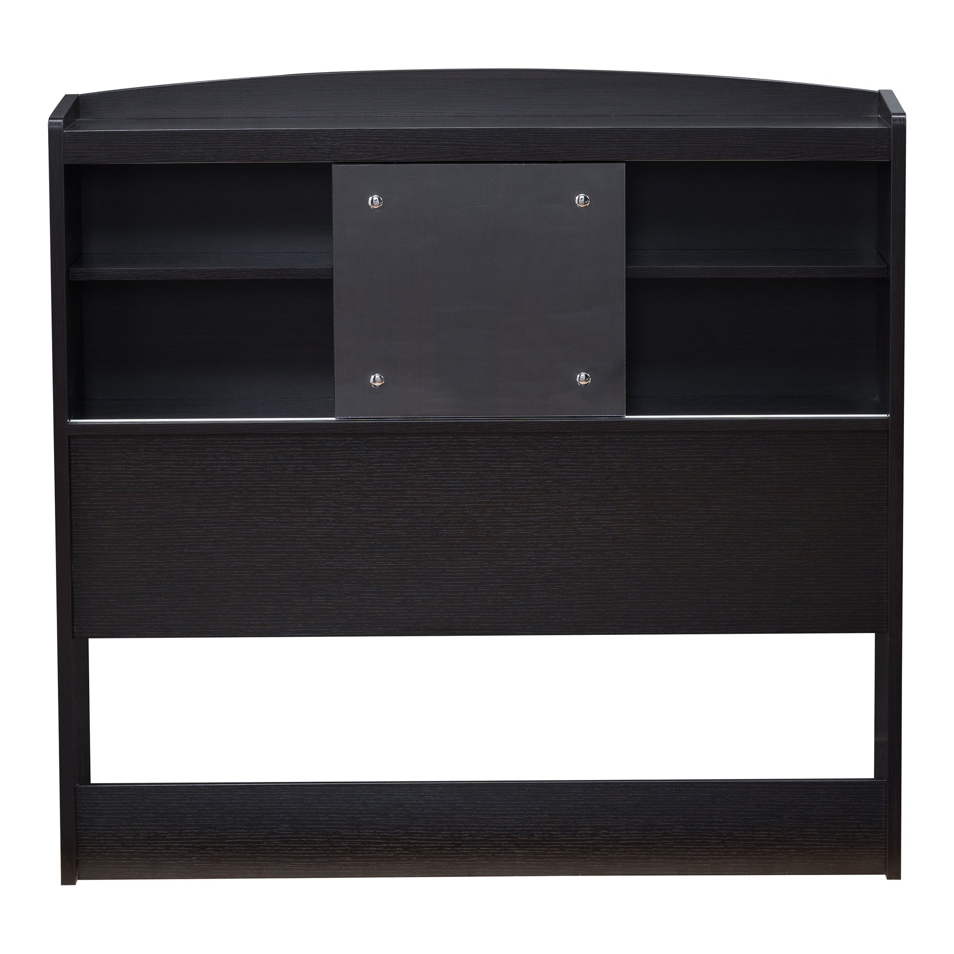 Front-facing contemporary cappuccino six-shelf bookcase headboard with sliding center panel on a white background