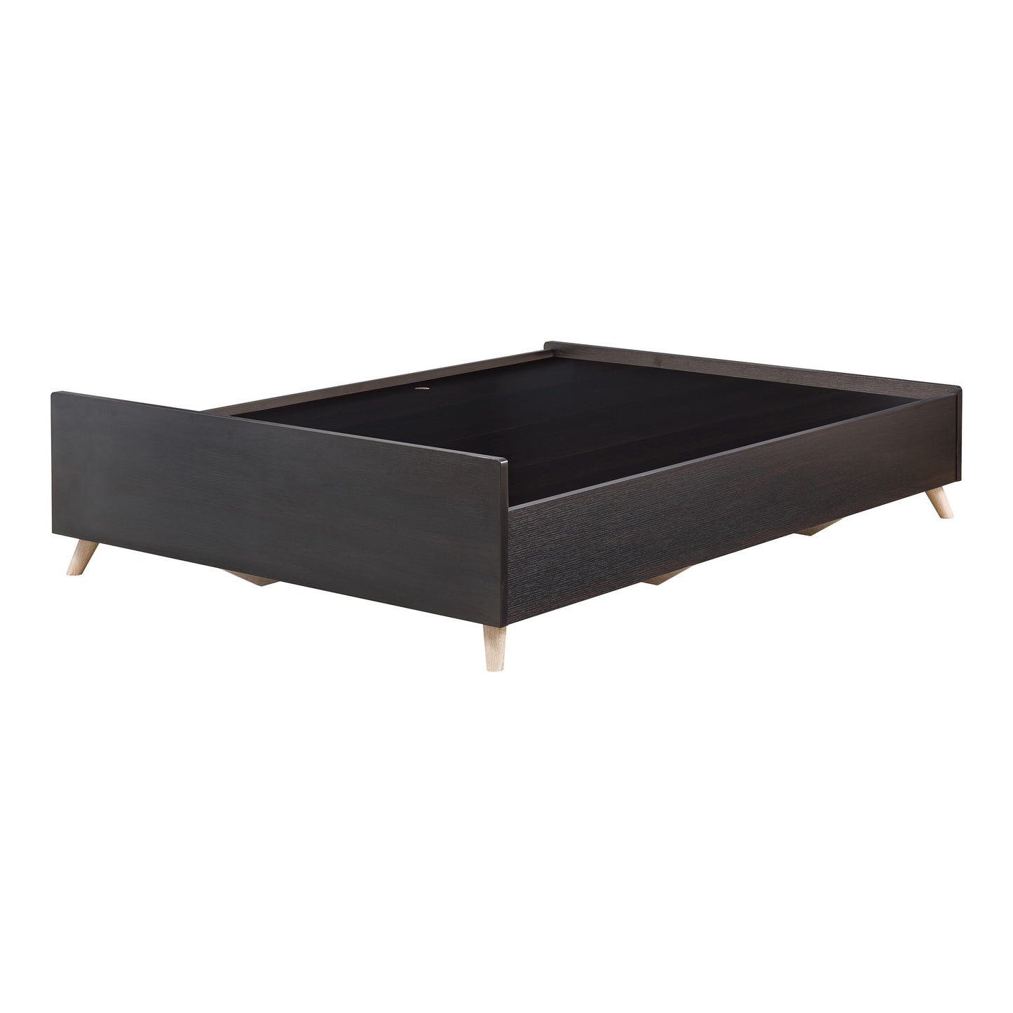 Left angled contemporary cappuccino three-drawer platform bed on a white background