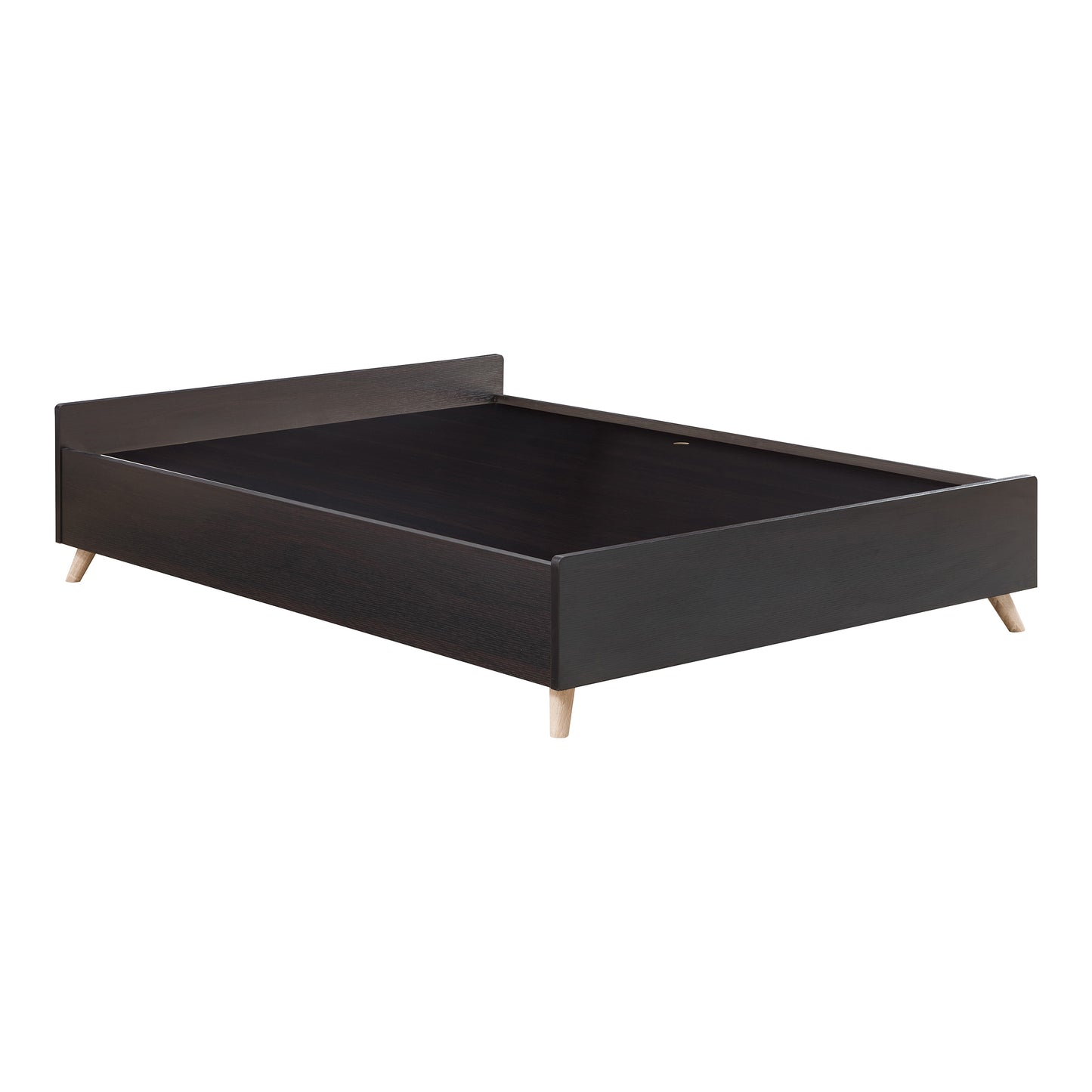 Right angled back view of a contemporary cappuccino three-drawer platform bed on a white background