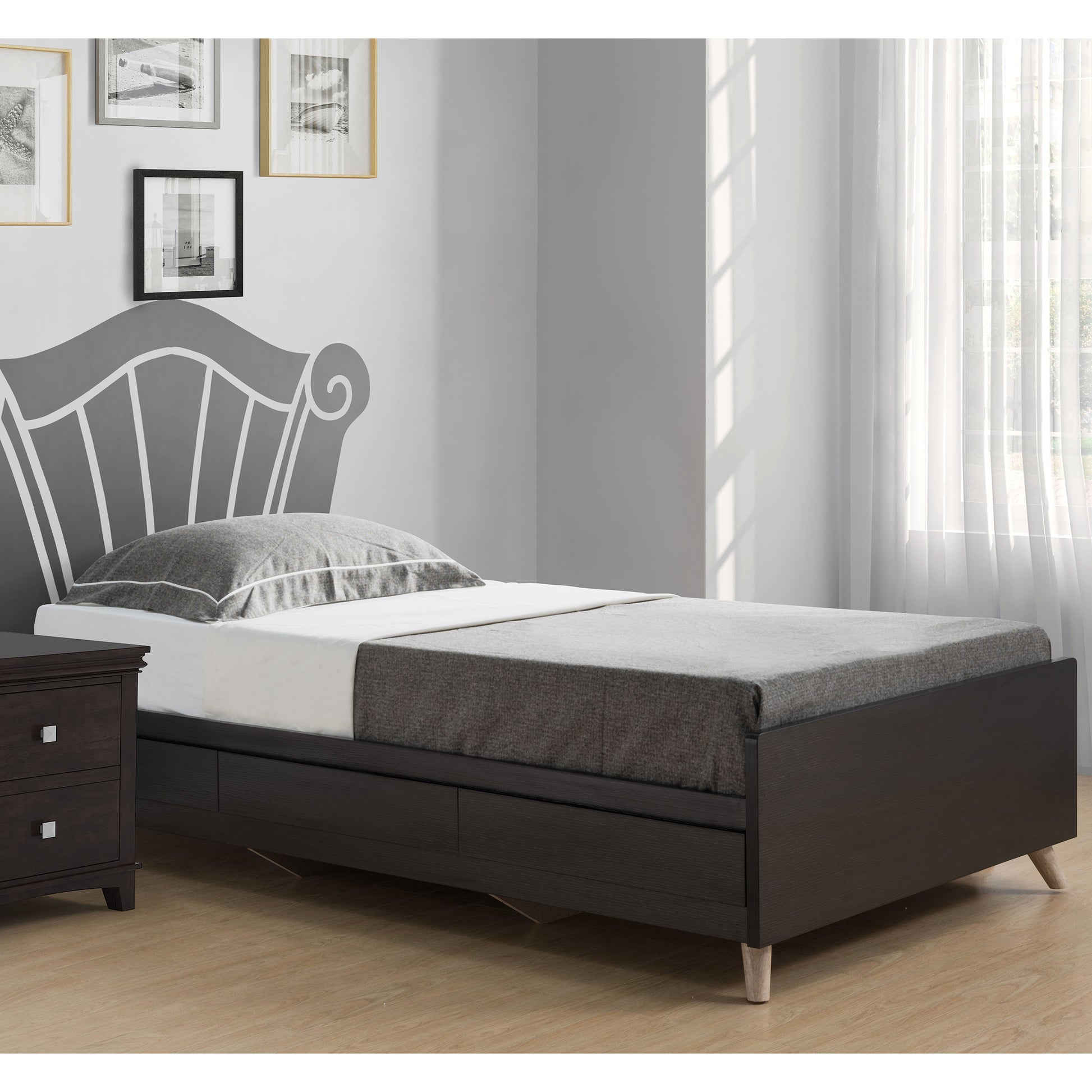 Right angled contemporary cappuccino three-drawer platform bed on a white background