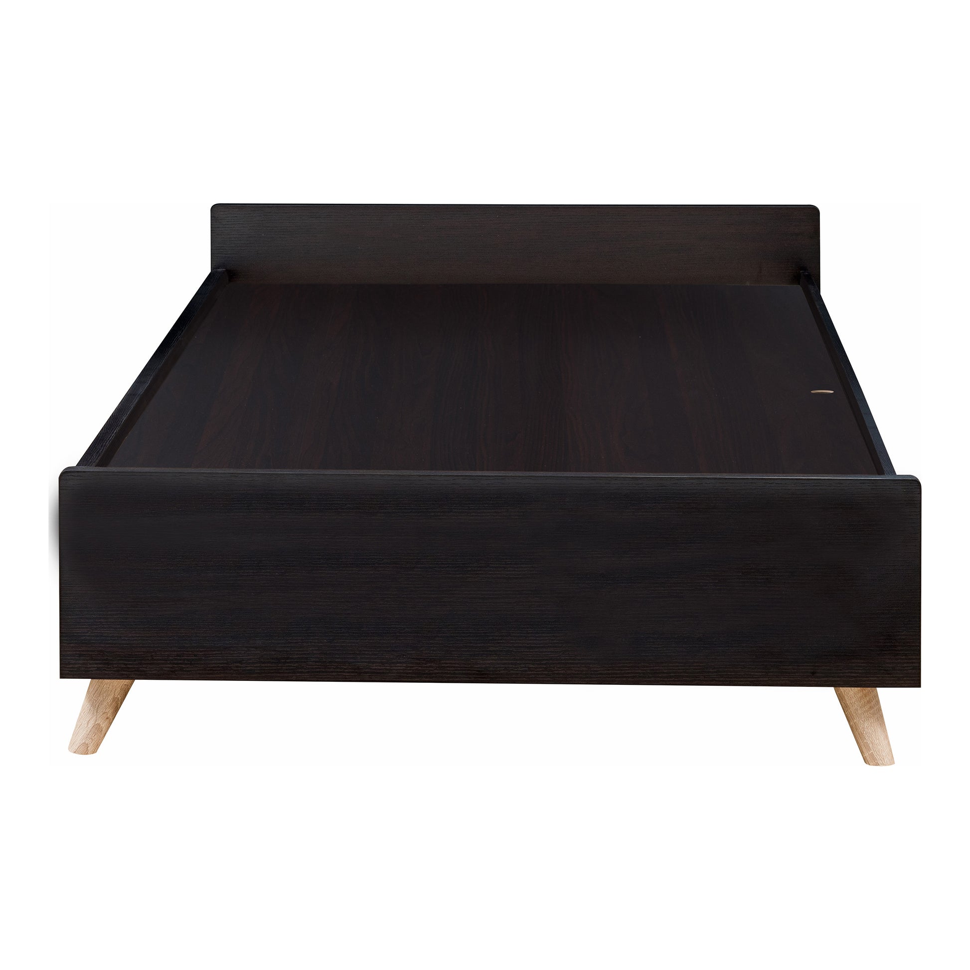 Front-facing back view of a contemporary cappuccino three-drawer platform bed on a white background