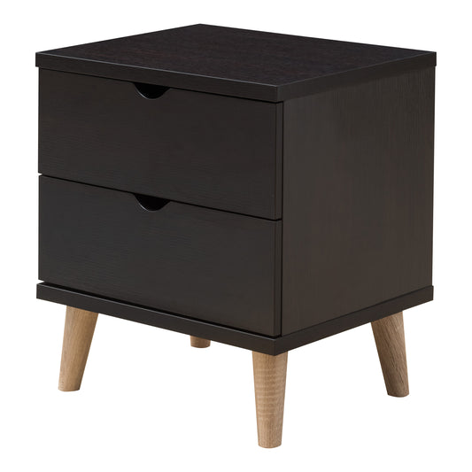Left angled mid-century modern cappuccino two-drawer nightstand on a white background