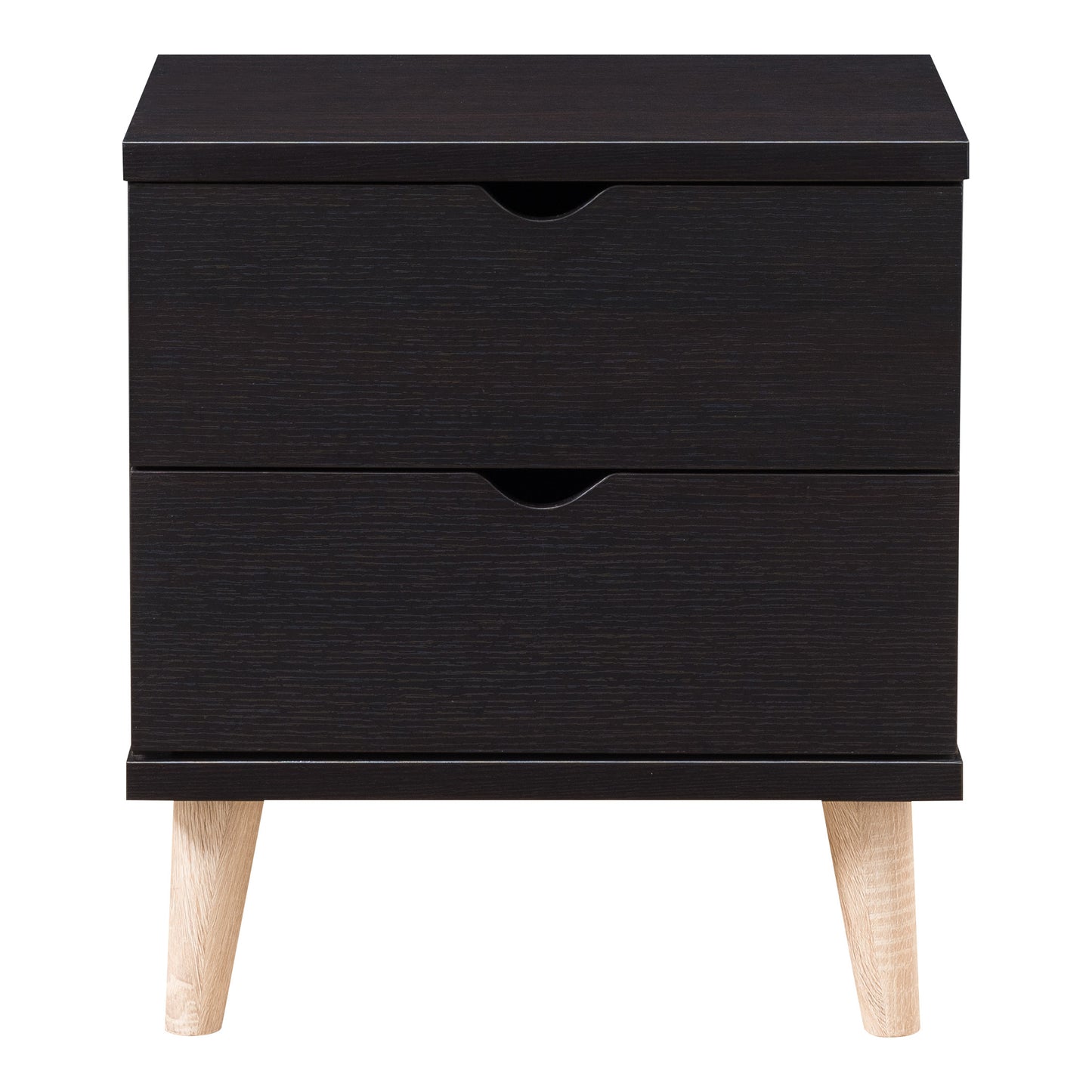 Front-facing mid-century modern cappuccino two-drawer nightstand on a white background