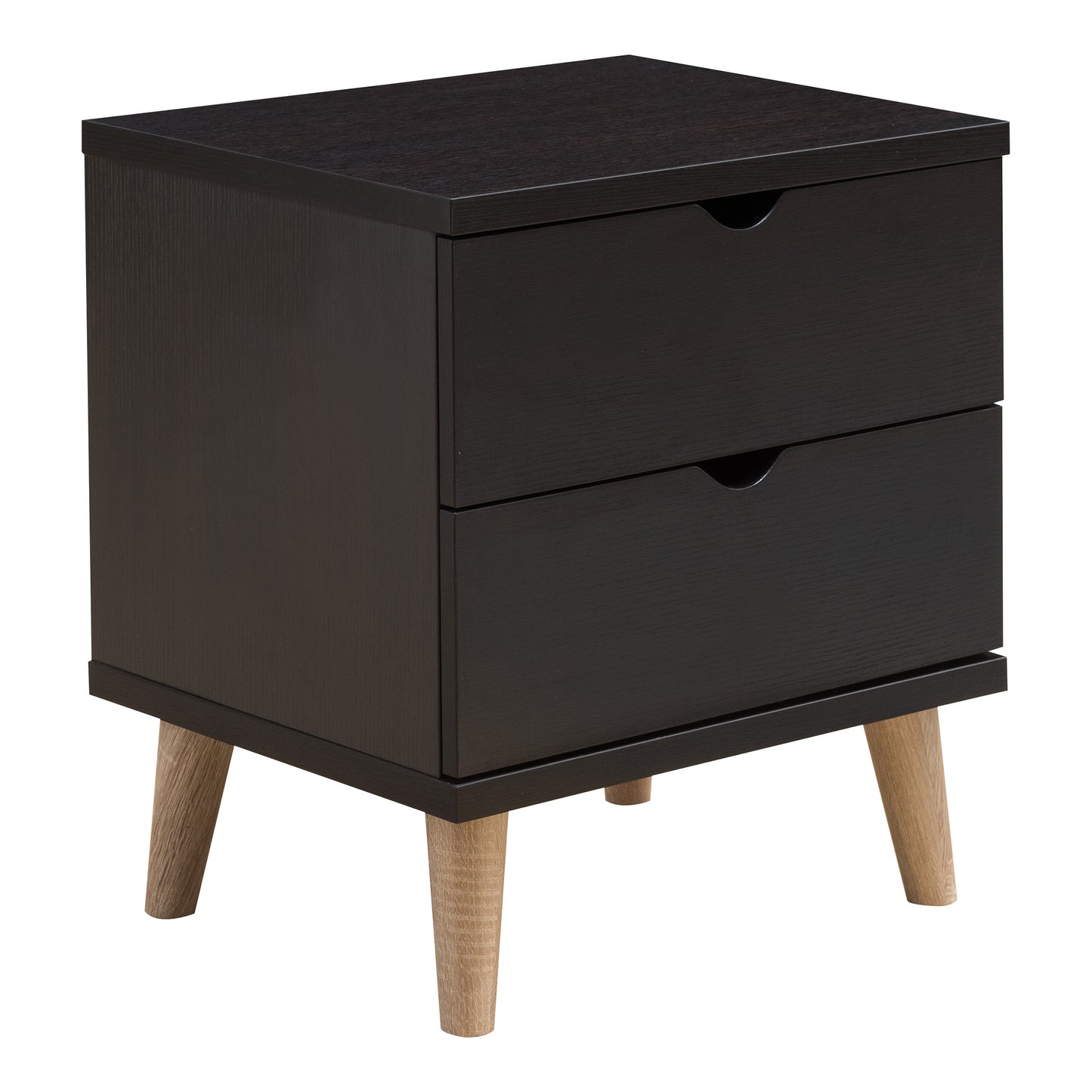 Right angled mid-century modern cappuccino two-drawer nightstand on a white background