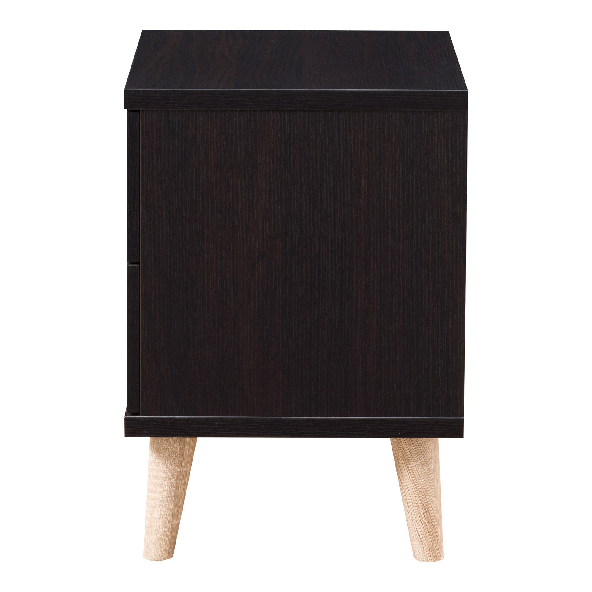 Front-facing side view of a mid-century modern cappuccino two-drawer nightstand on a white background