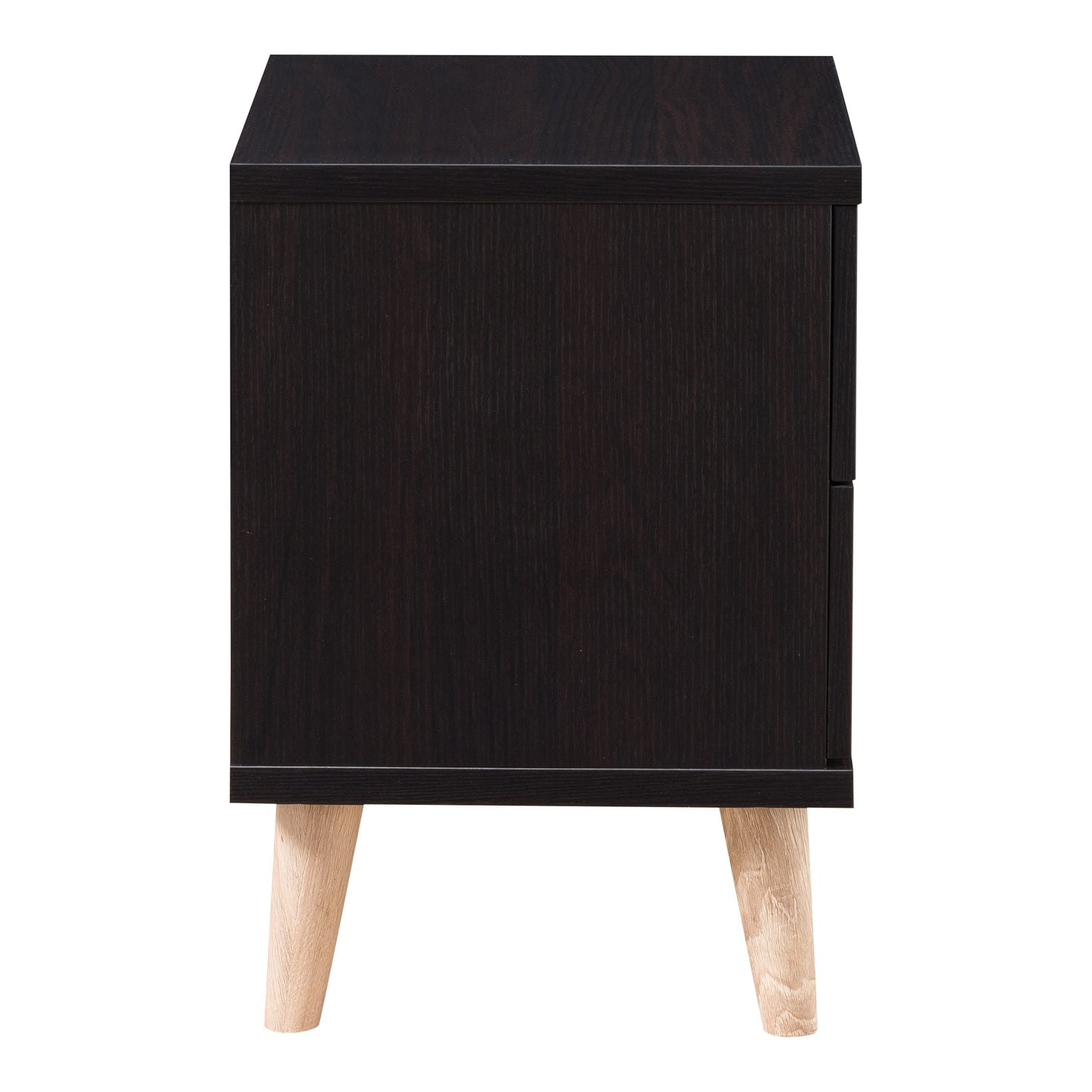 Front-facing side view of a mid-century modern cappuccino two-drawer nightstand on a white background