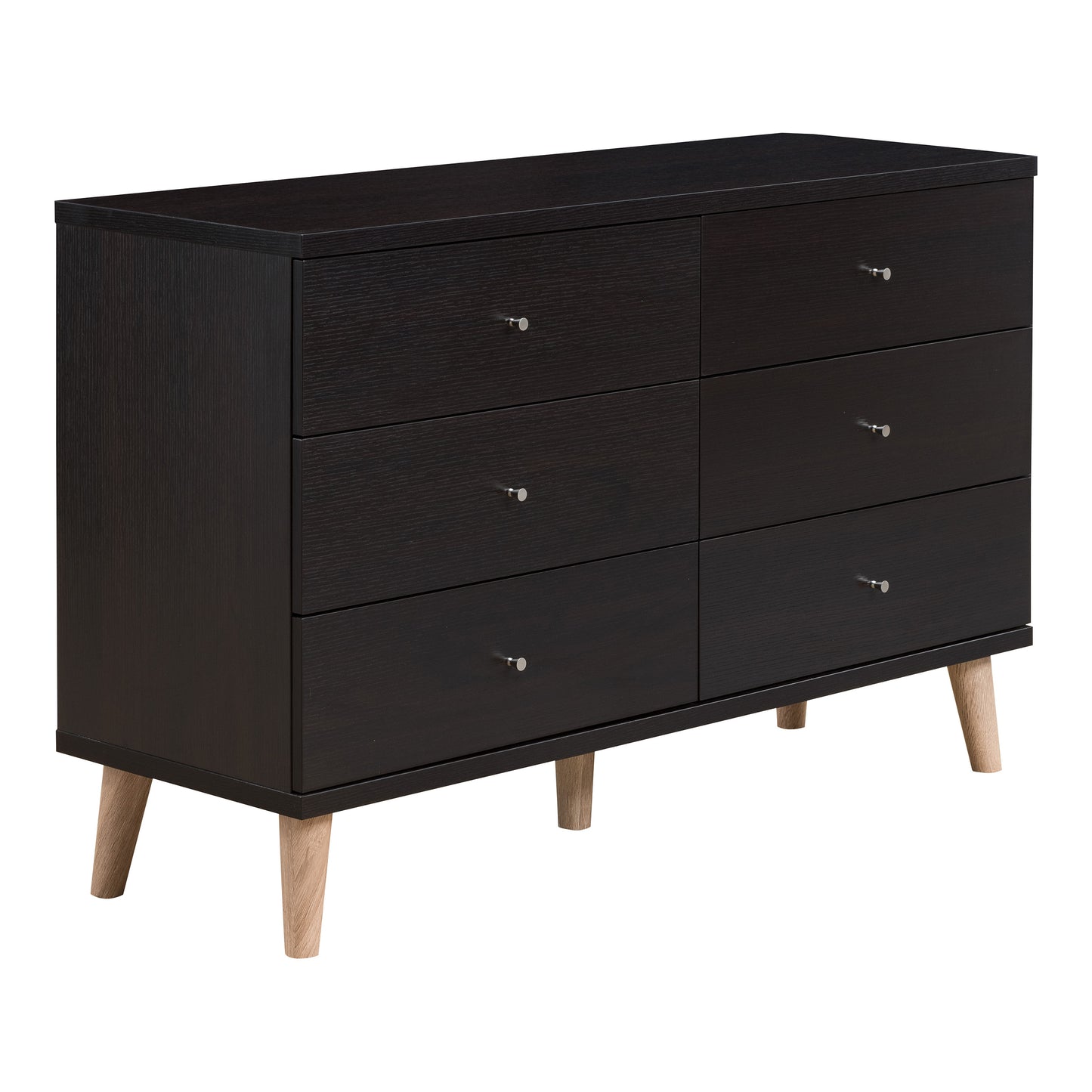 Right angled mid-century modern cappuccino six-drawer dresser on a white background