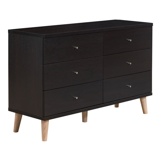 Right angled mid-century modern cappuccino six-drawer dresser on a white background
