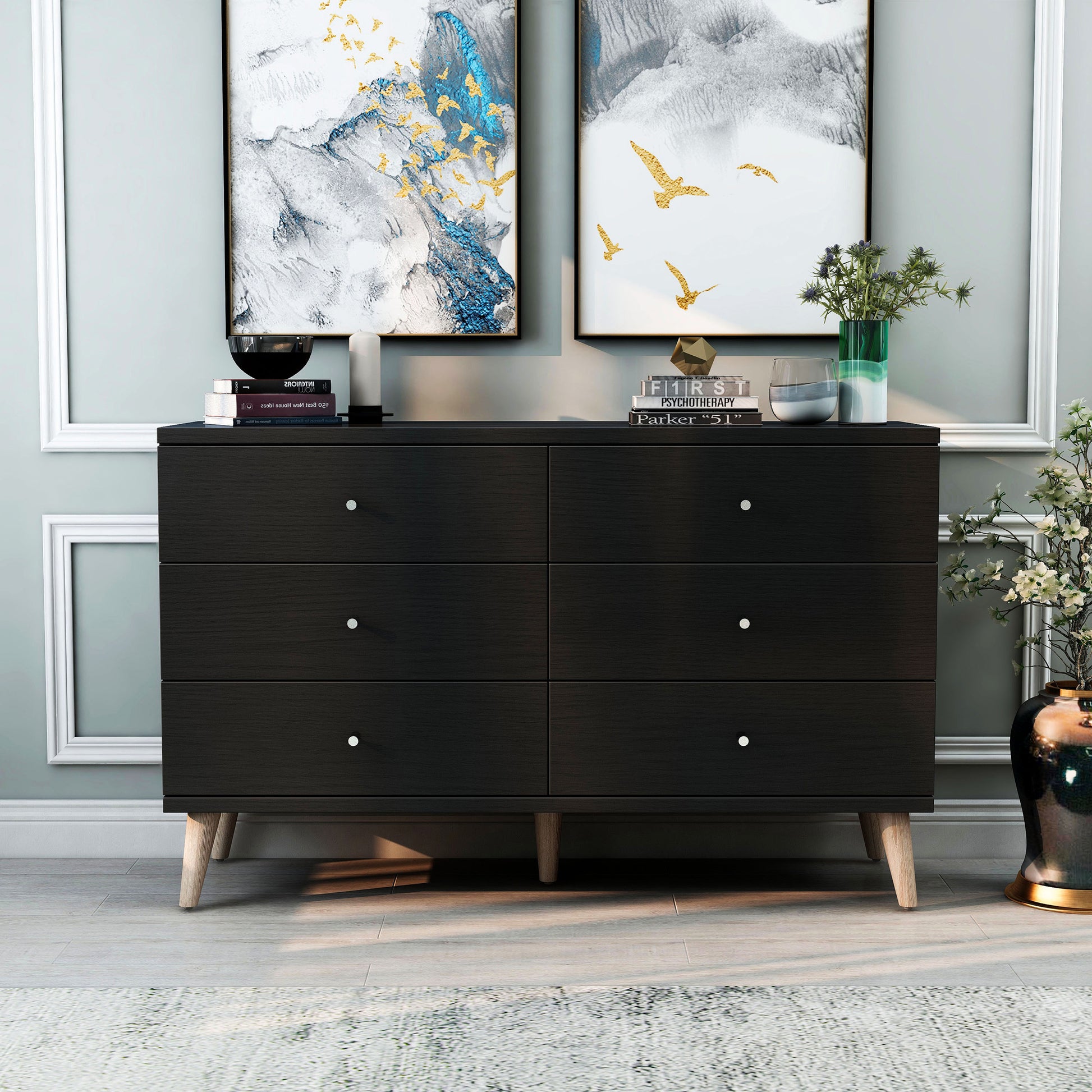 Front-facing mid-century modern cappuccino six-drawer dresser in a bedroom with accessories