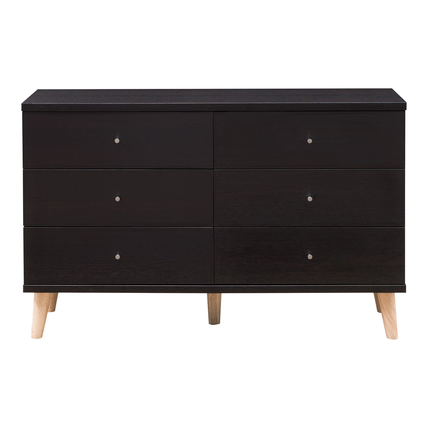 Front-facing mid-century modern cappuccino six-drawer dresser on a white background