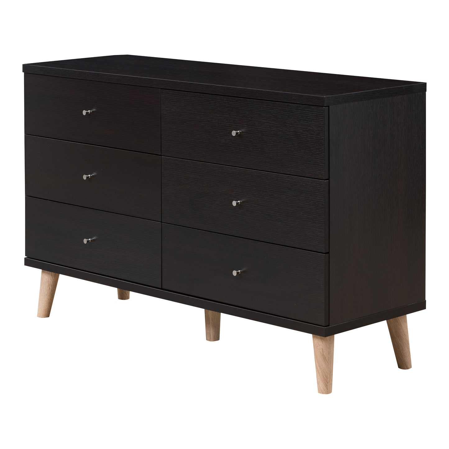 Left angled mid-century modern cappuccino six-drawer dresser on a white background