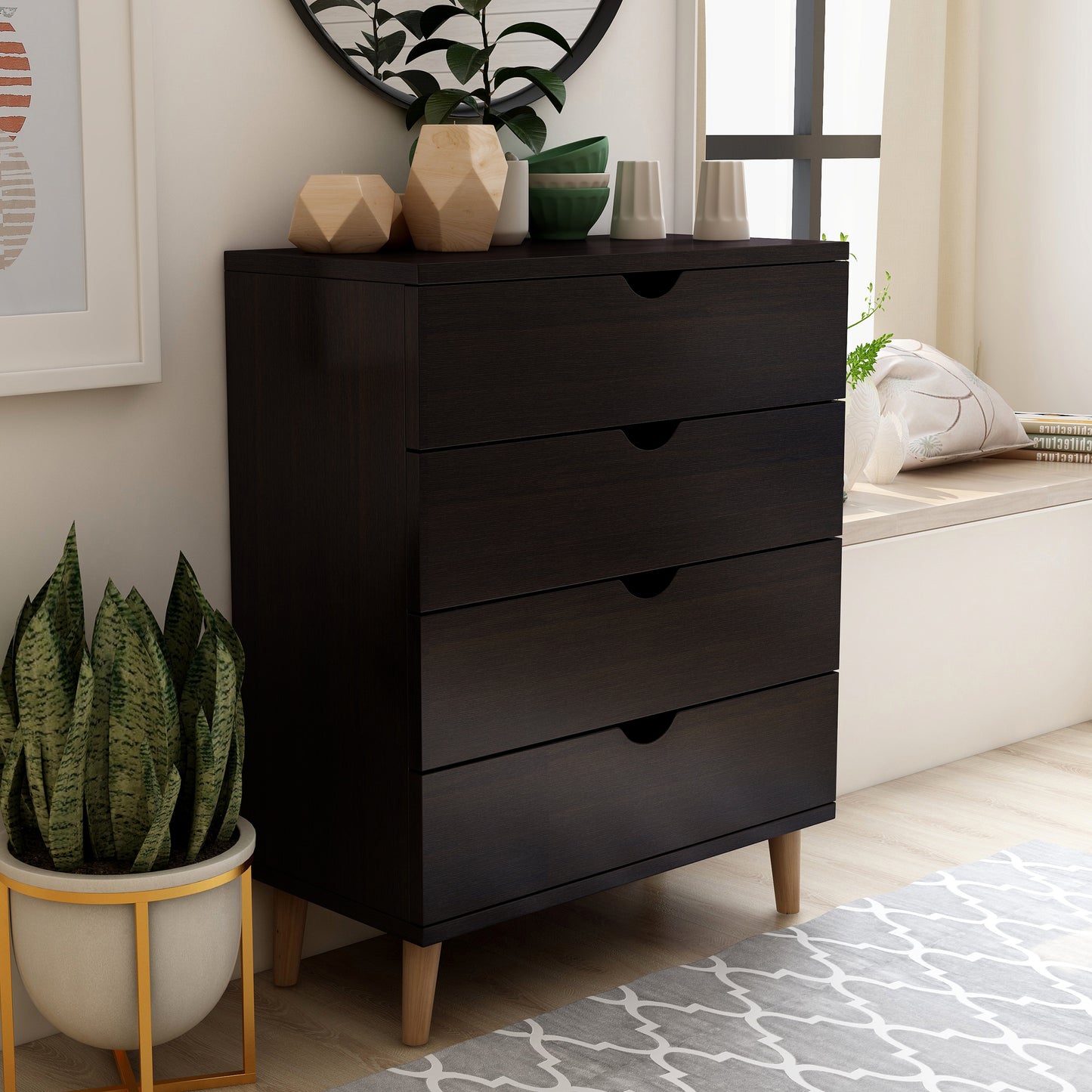 Right angled mid-century modern cappuccino four-drawer chest dresser in a bedroom with accessories