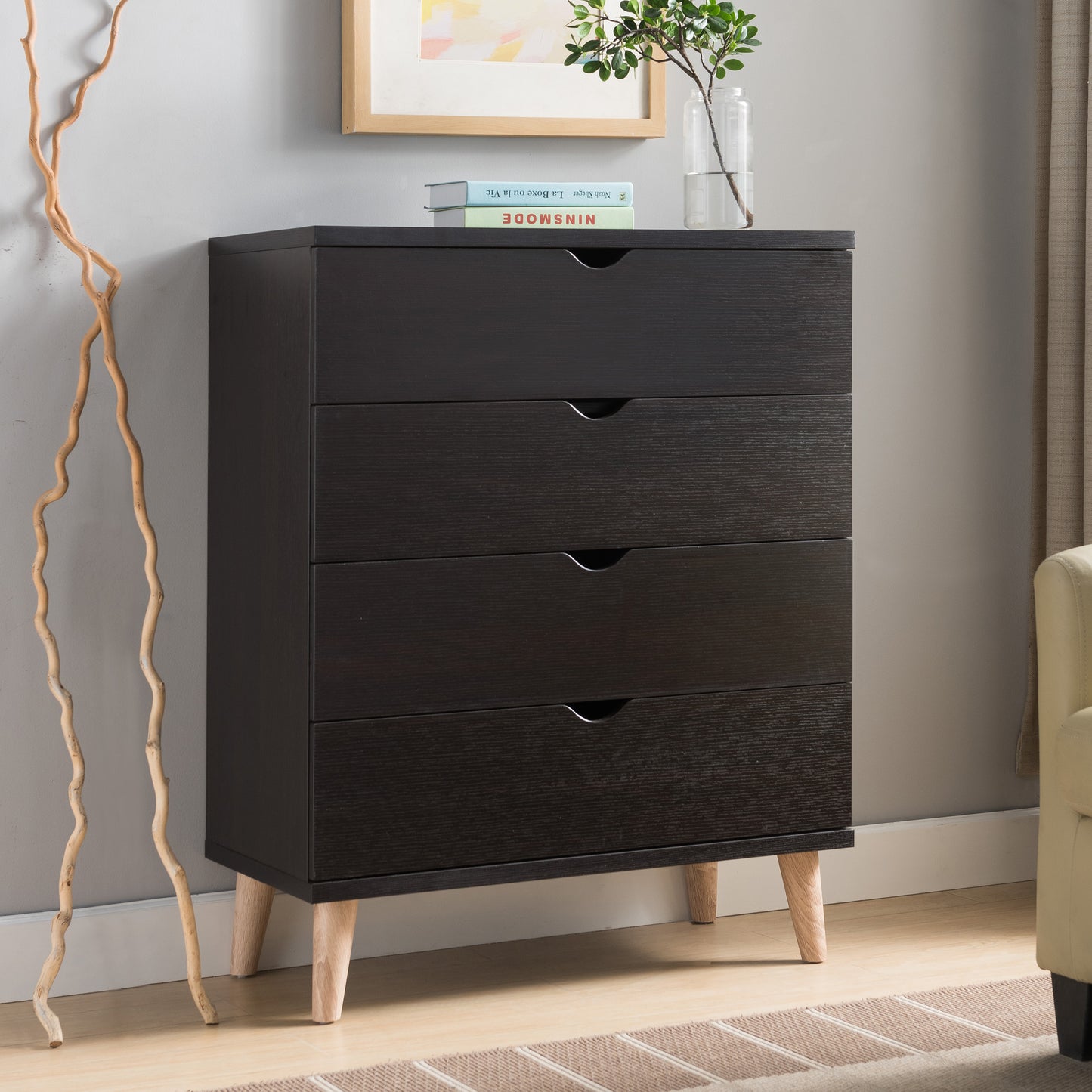 Right angled mid-century modern cappuccino four-drawer chest dresser in a bedroom with accessories