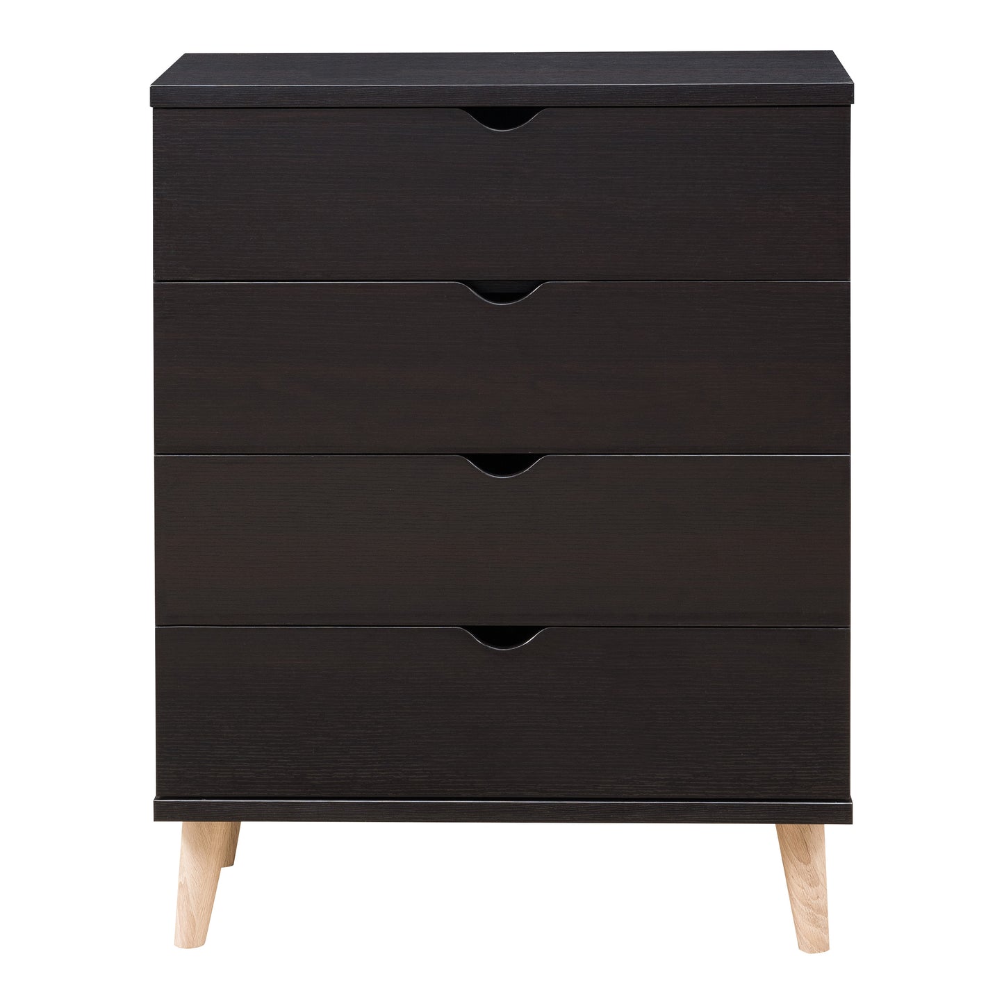 Front-facing mid-century modern cappuccino four-drawer chest dresser on a white background