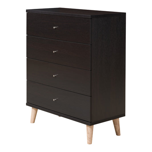 Left angled mid-century modern cappuccino four-drawer chest dresser on a white background