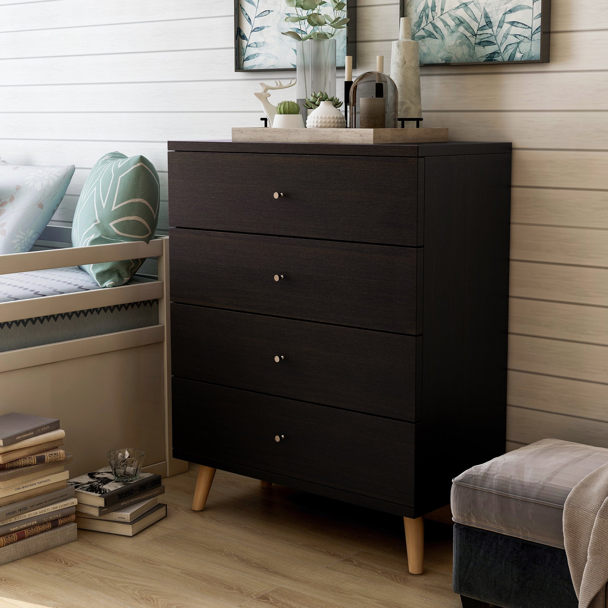 Left angled mid-century modern cappuccino four-drawer chest dresser in a bedroom with accessories