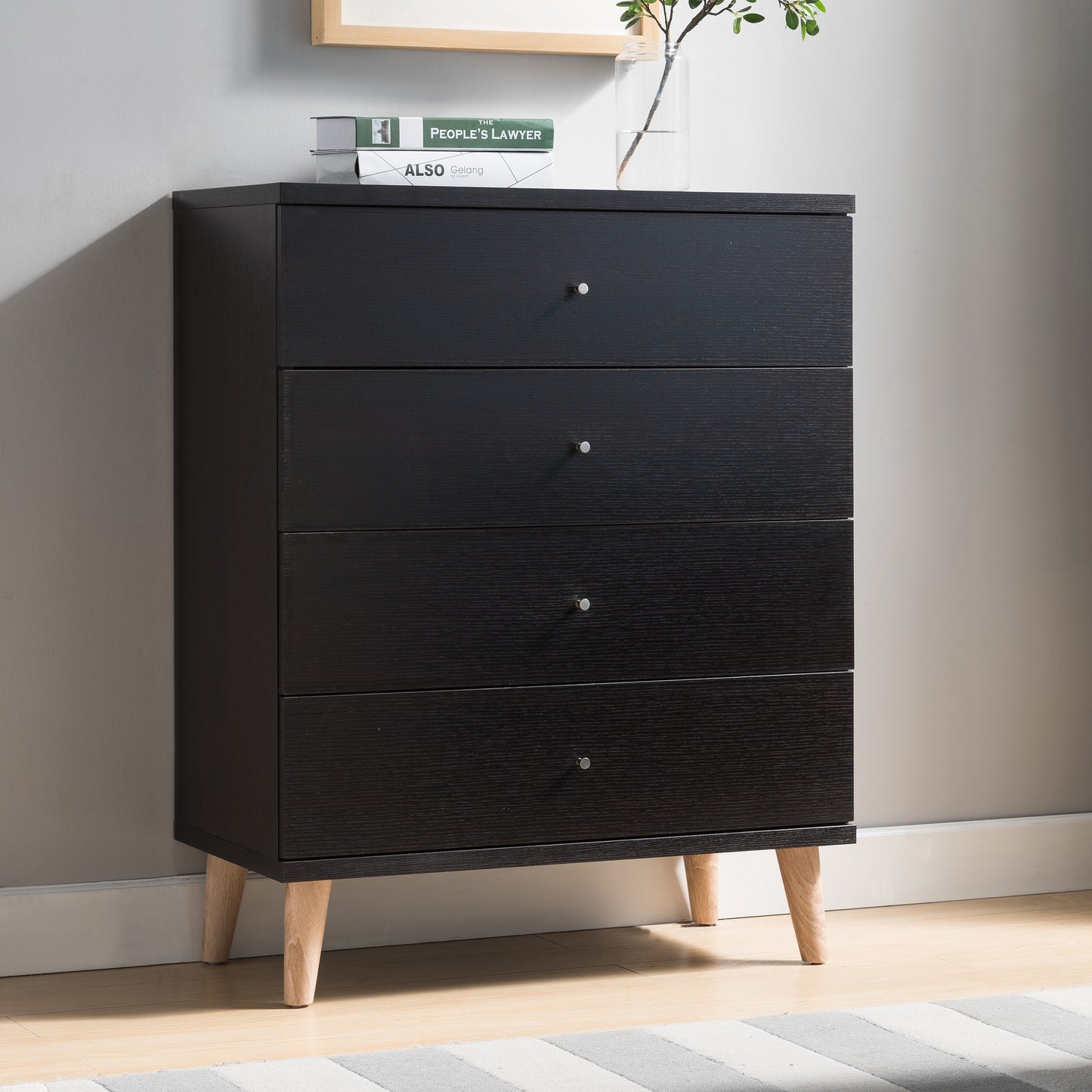 Right angled mid-century modern cappuccino four-drawer chest dresser in a bedroom with accessories