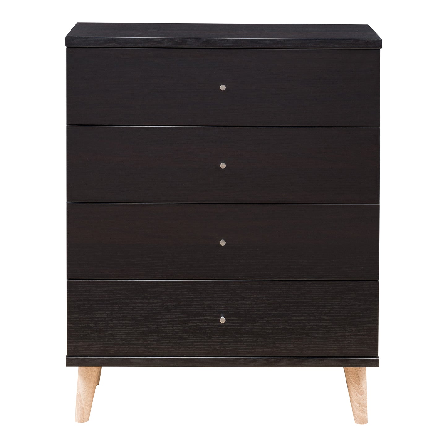 Front-facing mid-century modern cappuccino four-drawer chest dresser on a white background