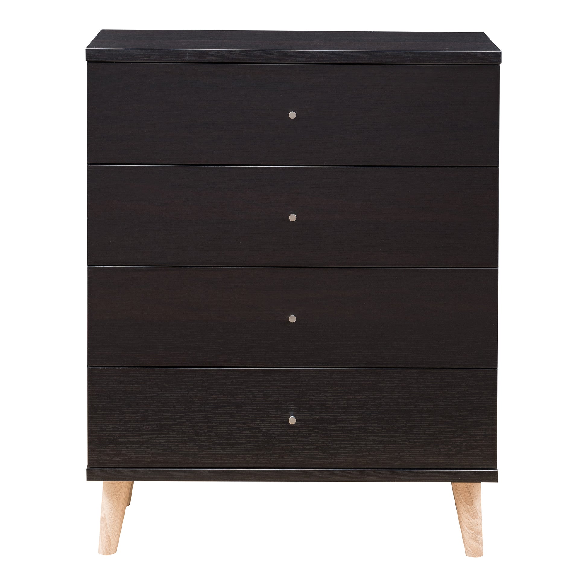 Front-facing mid-century modern cappuccino four-drawer chest dresser on a white background