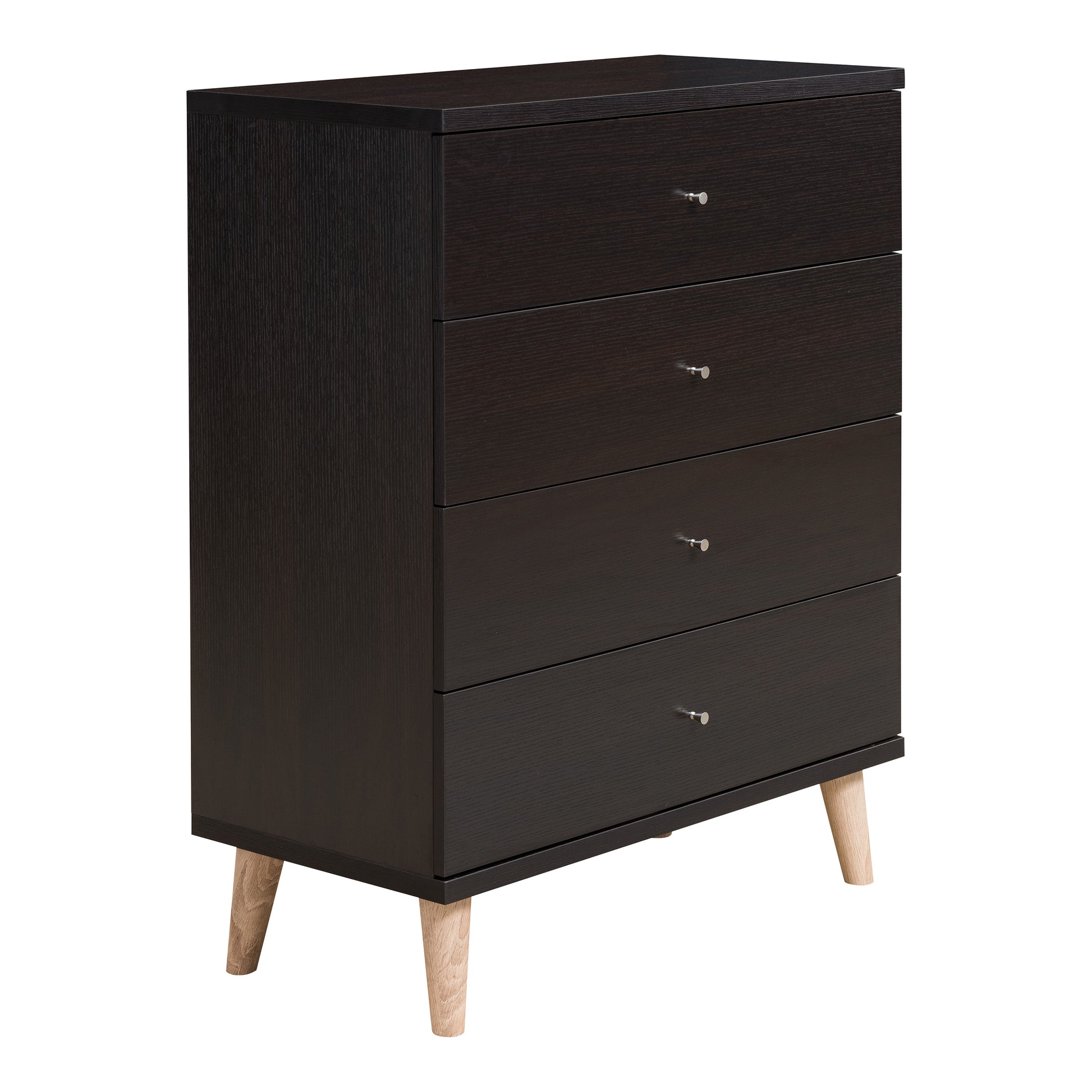 Right angled mid-century modern cappuccino four-drawer chest dresser on a white background