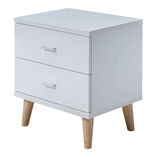 Left angled mid-century modern white two-drawer nightstand on a white background