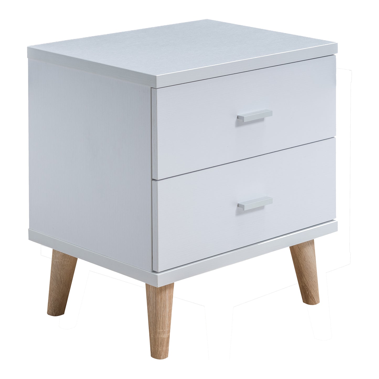 Right angled mid-century modern white two-drawer nightstand on a white background