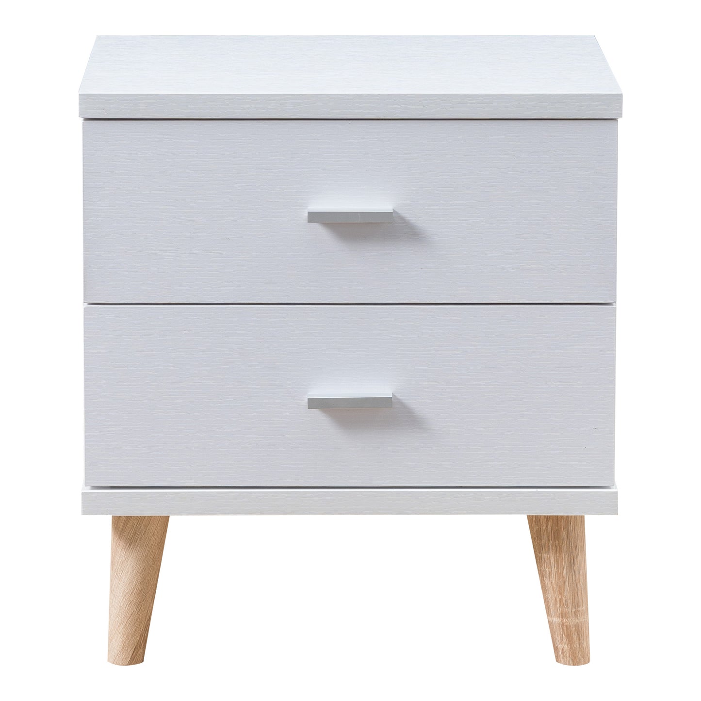 Front-facing mid-century modern white two-drawer nightstand on a white background