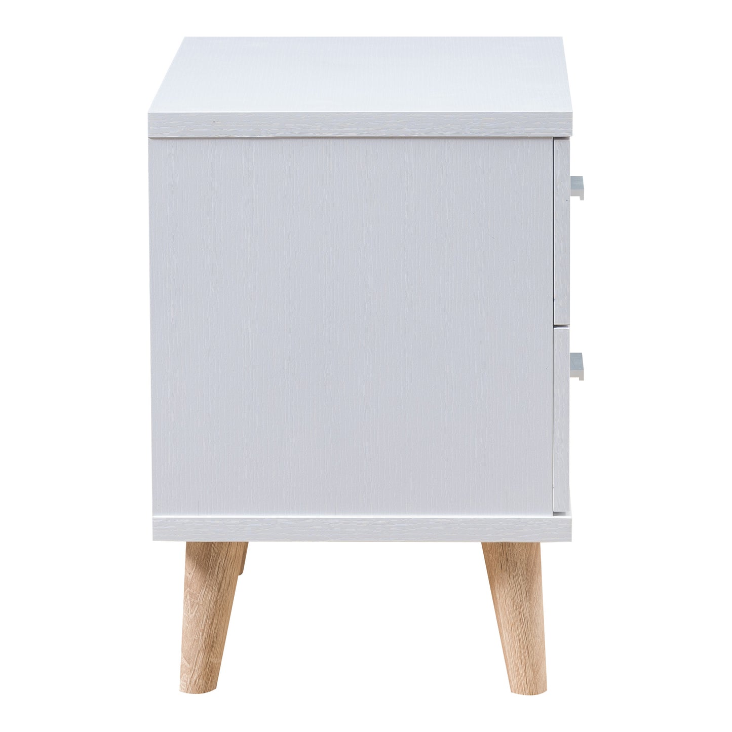 Front-facing side view of a mid-century modern white two-drawer nightstand on a white background