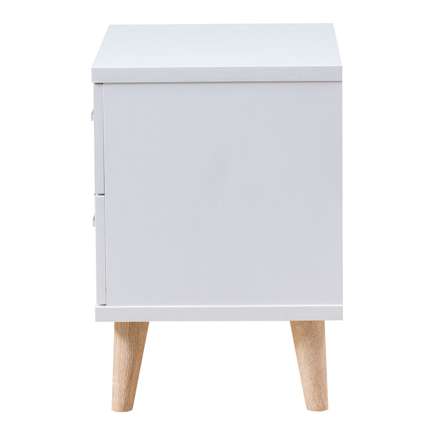 Front-facing side view of a mid-century modern white two-drawer nightstand on a white background