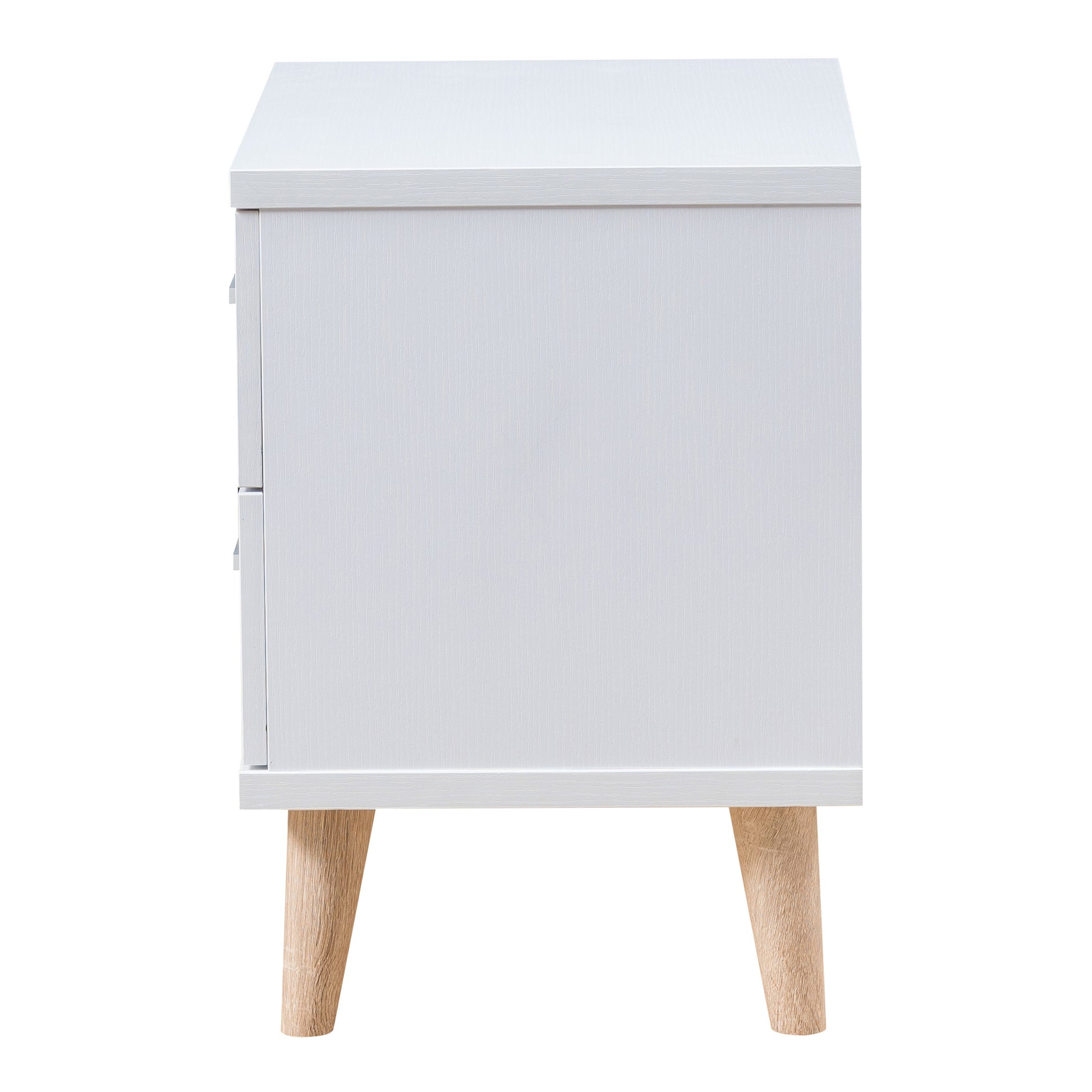 Front-facing side view of a mid-century modern white two-drawer nightstand on a white background