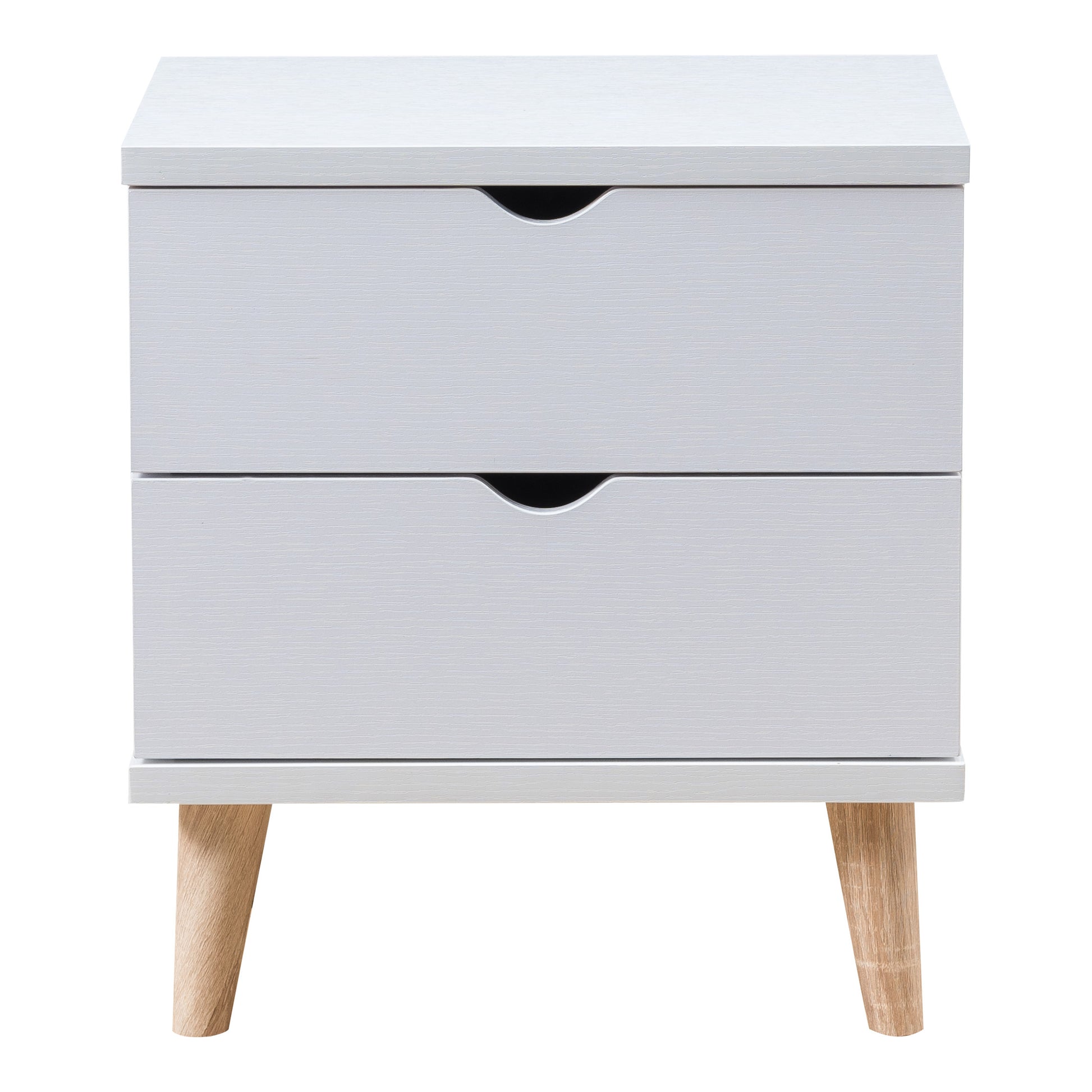 Front-facing mid-century modern white two-drawer nightstand on a white background