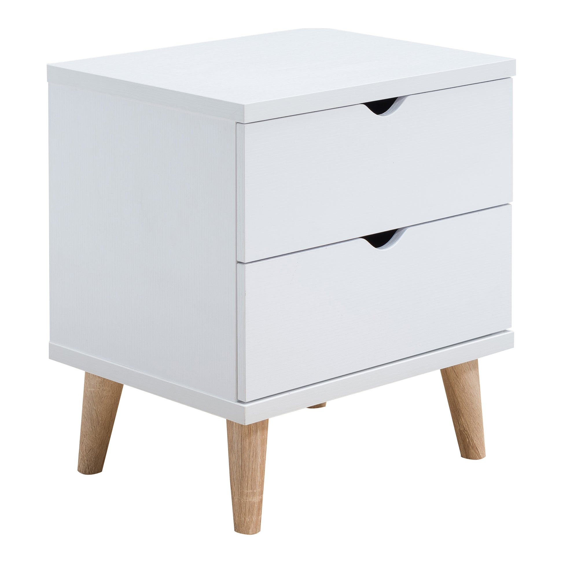 Right angled mid-century modern white two-drawer nightstand on a white background
