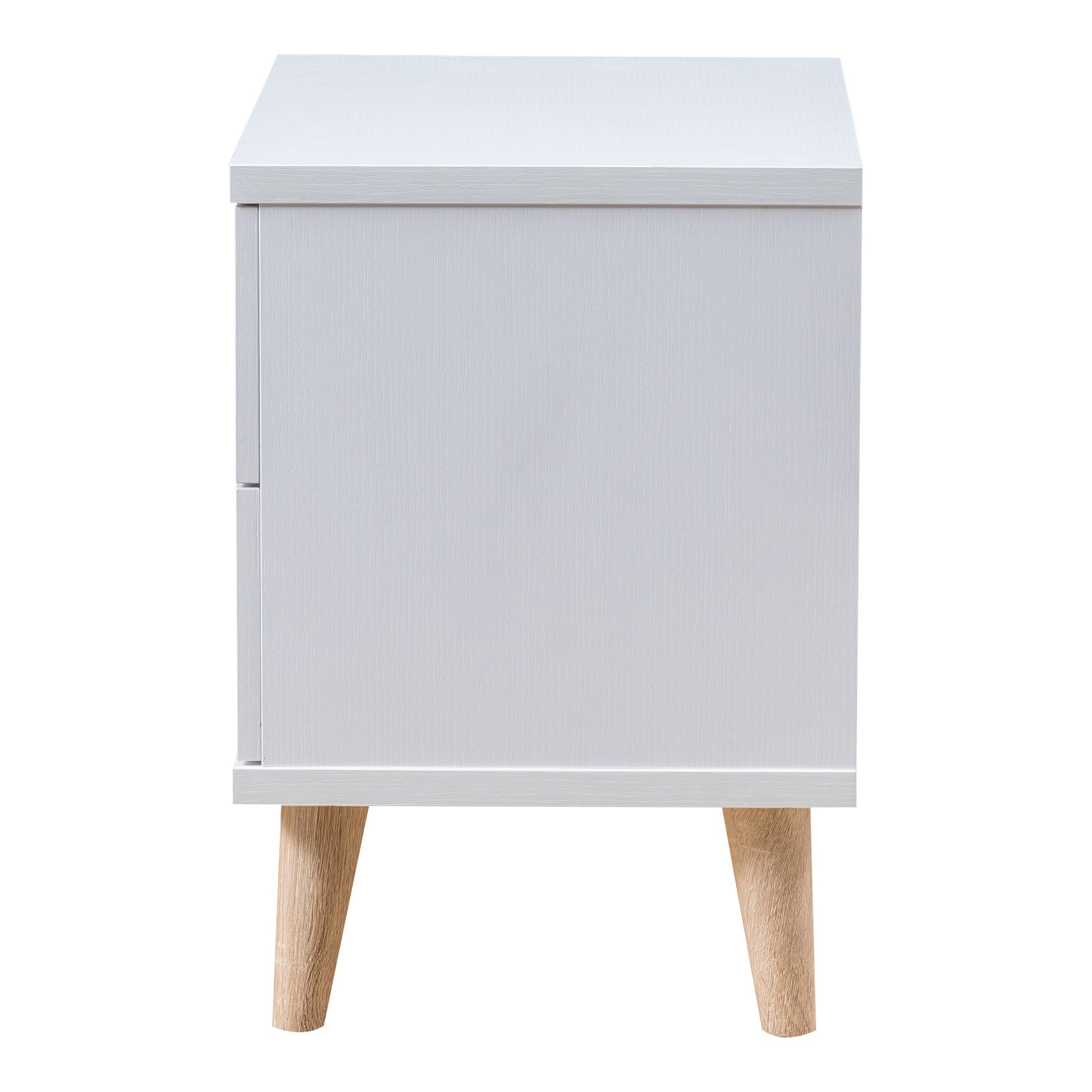 Front-facing side view of a mid-century modern white two-drawer nightstand on a white background