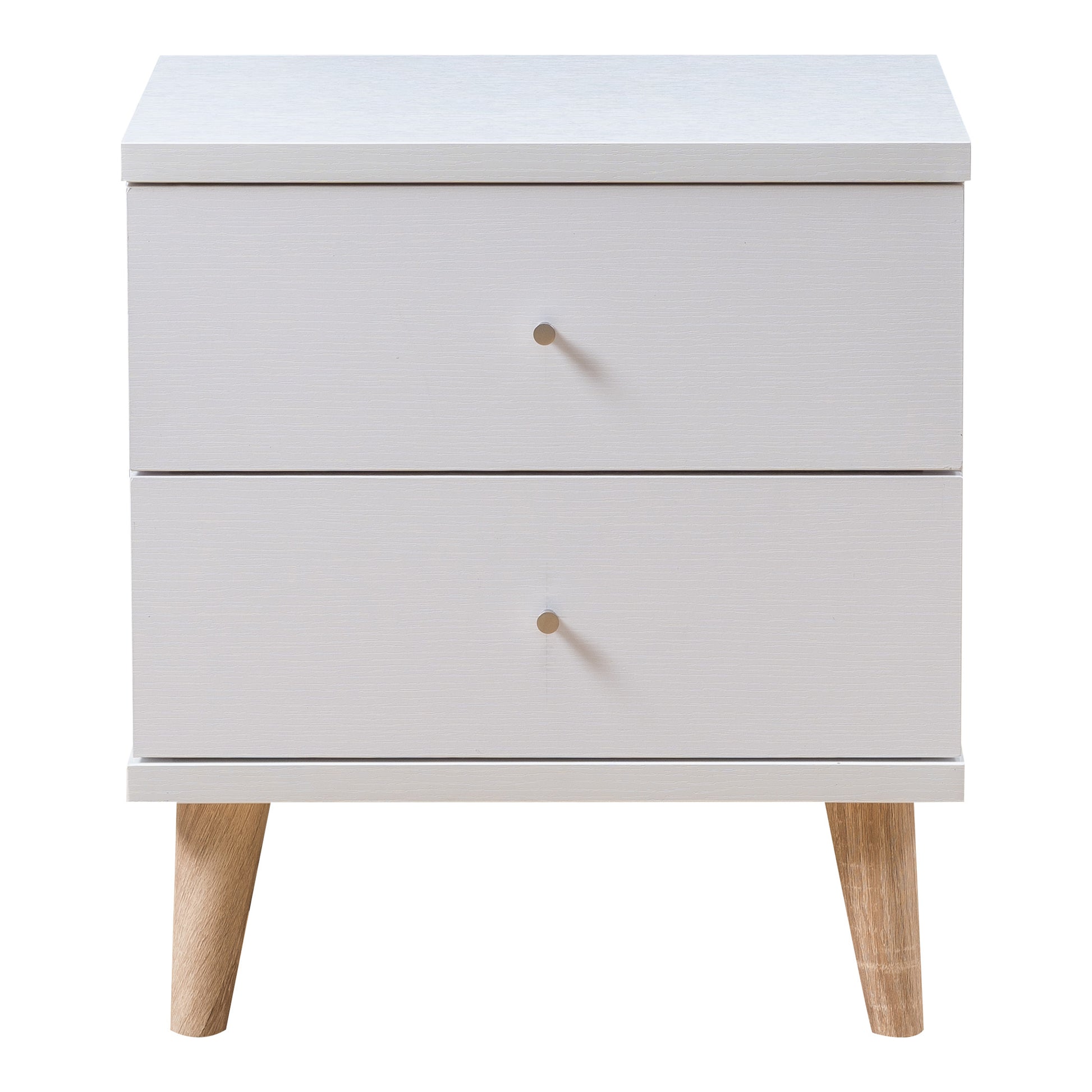 Front-facing mid-century modern white two-drawer nightstand on a white background