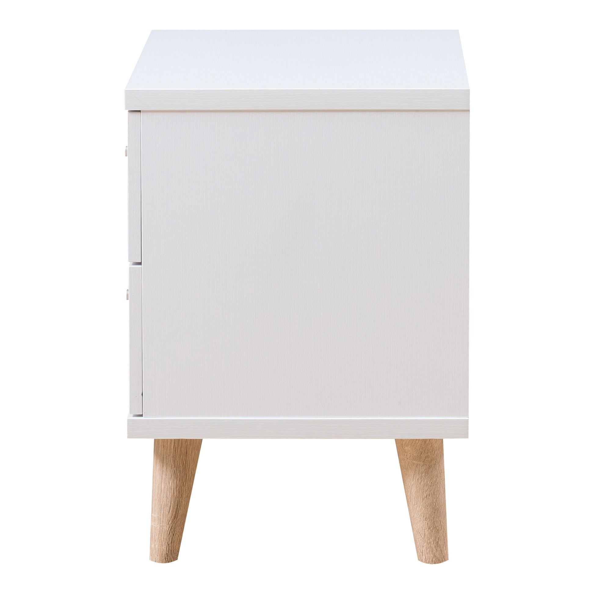 Front-facing side view of a mid-century modern white two-drawer nightstand on a white background