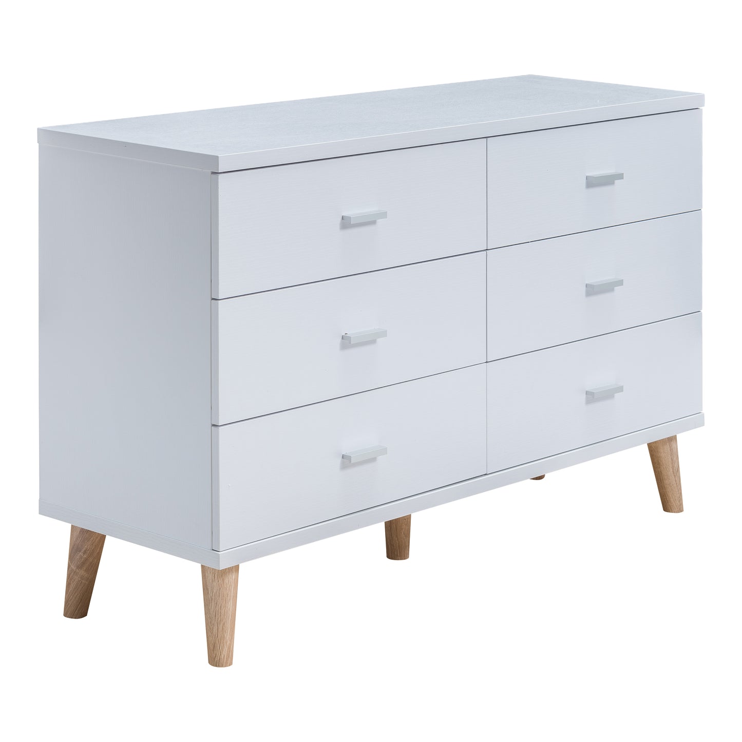 Right angled mid-century modern white six-drawer dresser on a white background